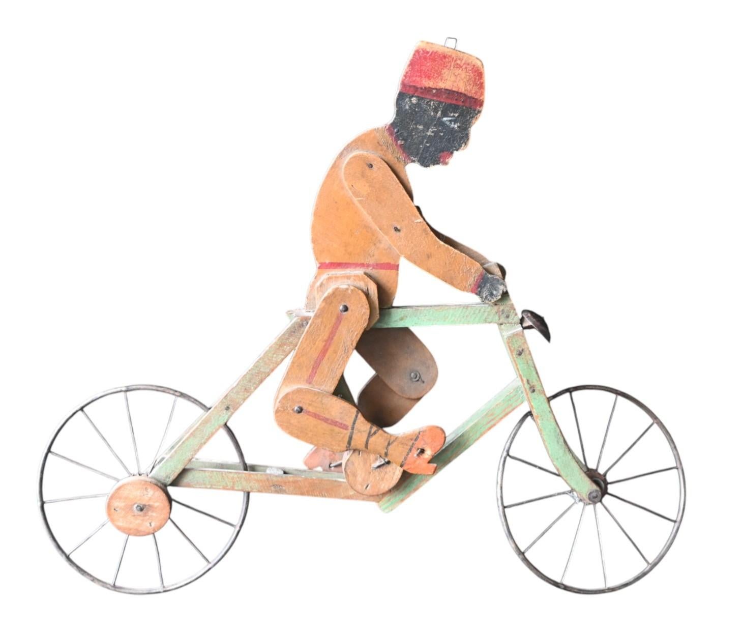 Carved Articulated Cyclist Toy – Belgian Folk Art, Early 20th Century For Sale