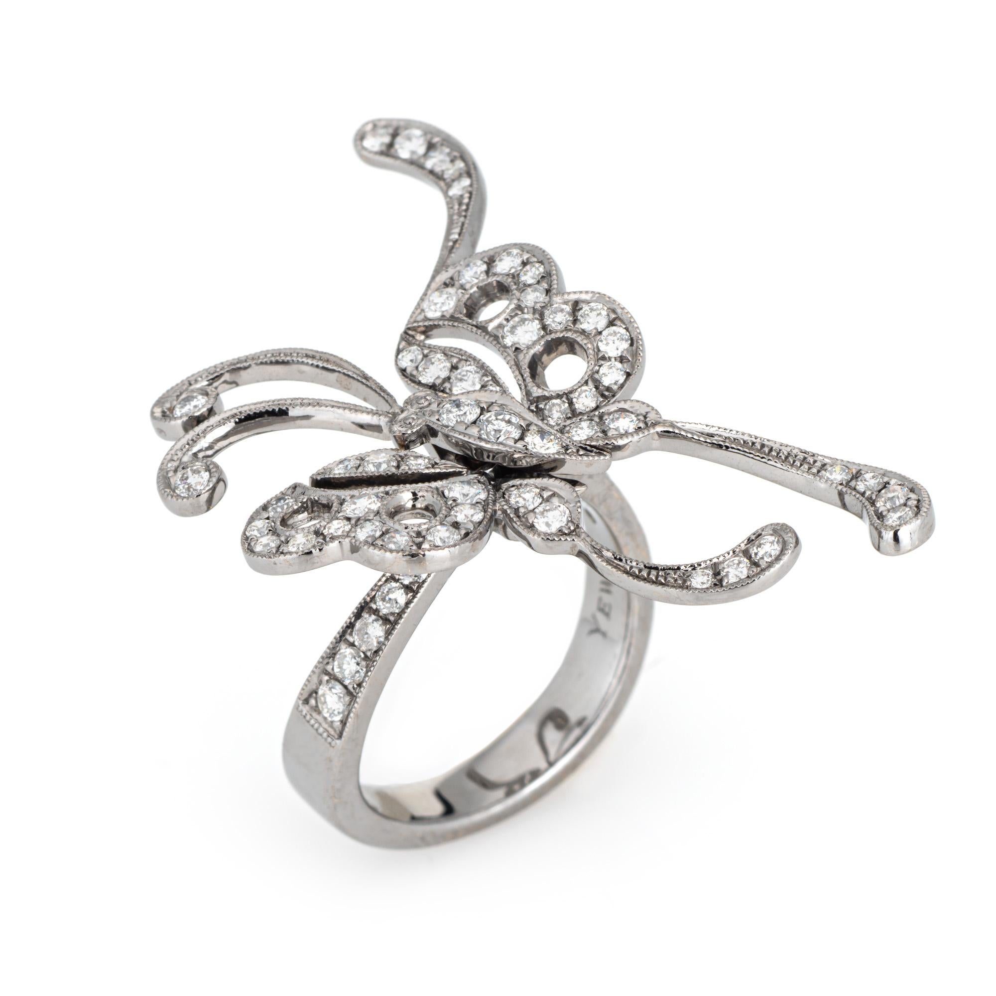 Stylish diamond butterfly ring crafted in 18 karat white gold. 

Diamonds total an estimated 0.74 carats (estimated at H-I color and SI1-I1 clarity).  

With articulated wings the butterfly gracefully moves with you and makes a statement. Diamonds