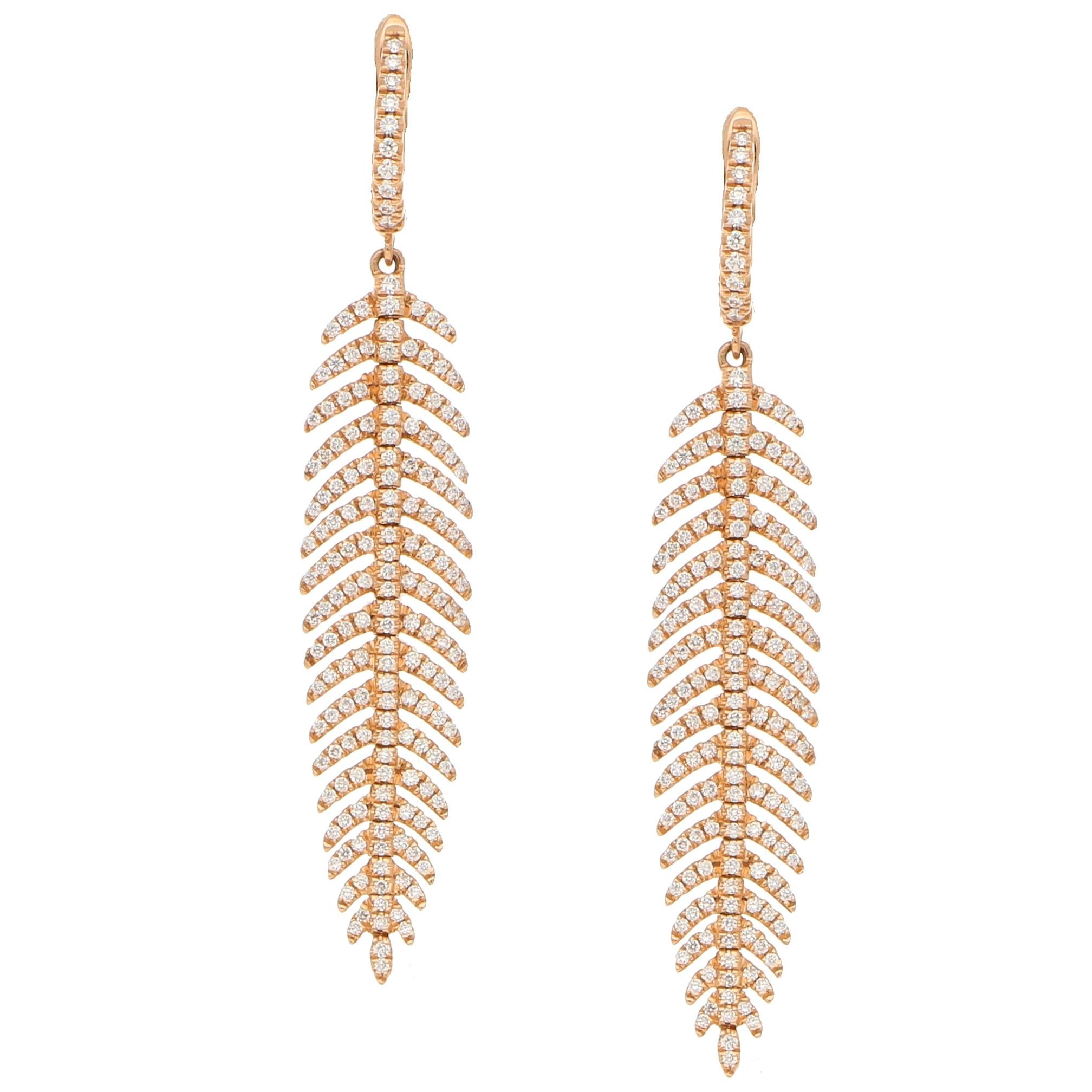 Articulated Diamond Drop Feather Earrings in 18 Karat Rose Gold For Sale