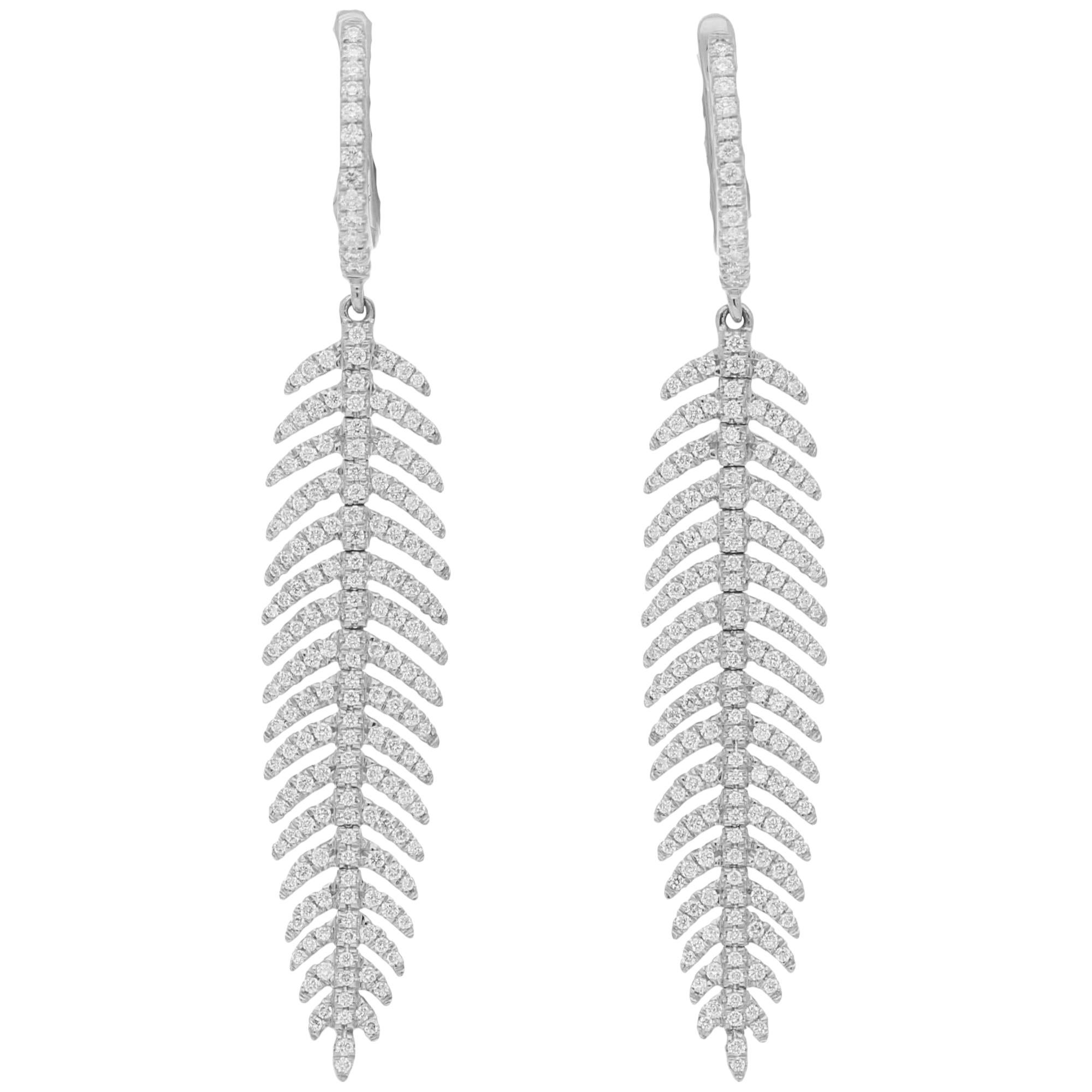 Articulated Diamond Drop Feather Earrings in 18 Karat White Gold For Sale
