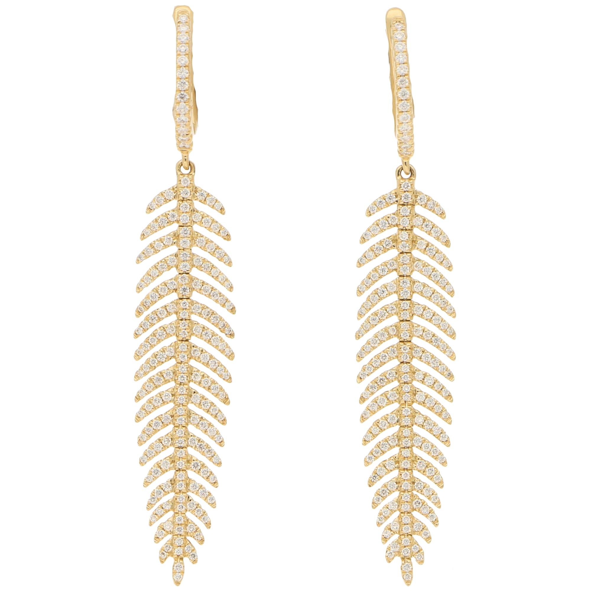 Articulated Diamond Drop Feather Earrings in 18 Karat Yellow Gold For Sale