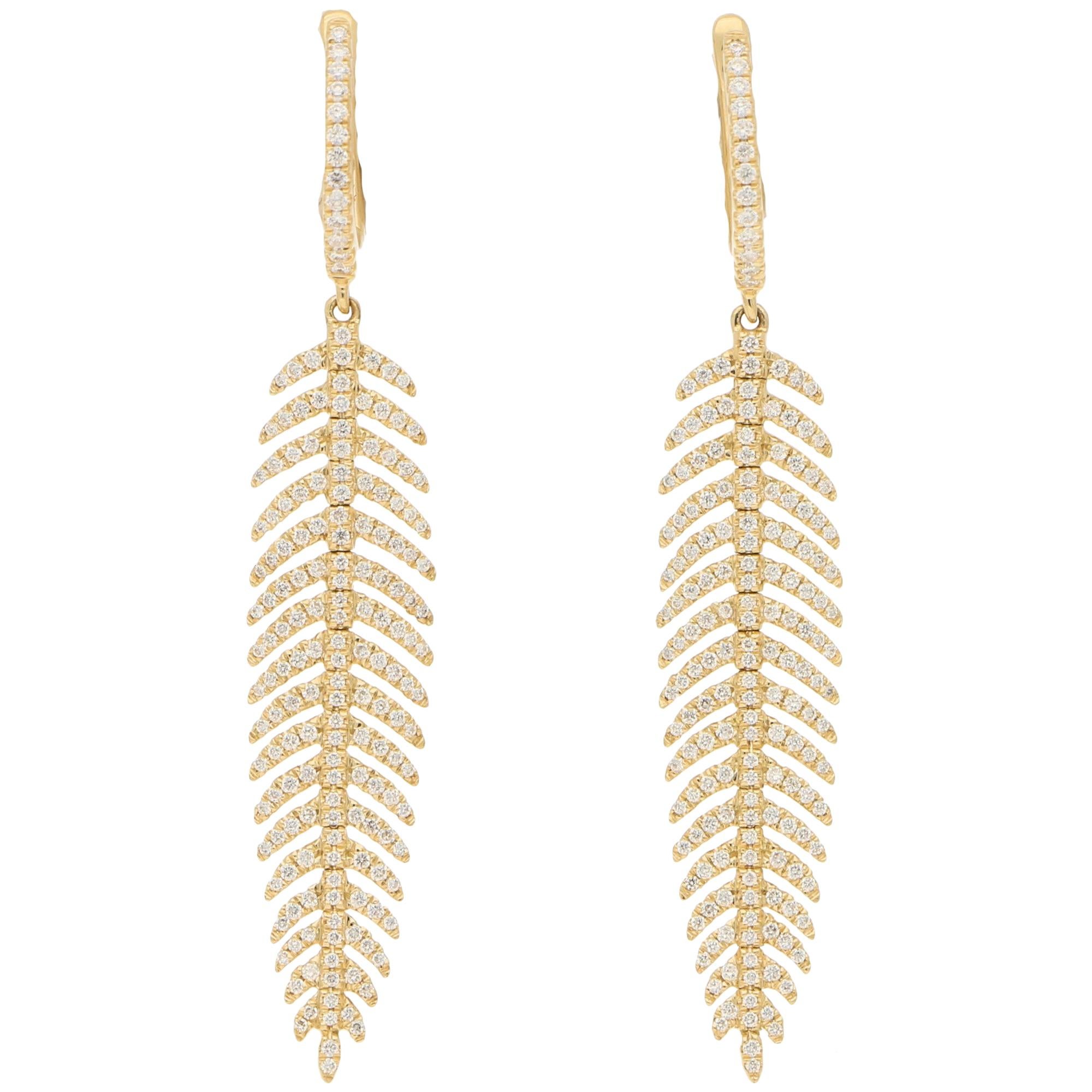 Articulated Diamond Drop Feather Earrings in 18 Karat Yellow Gold