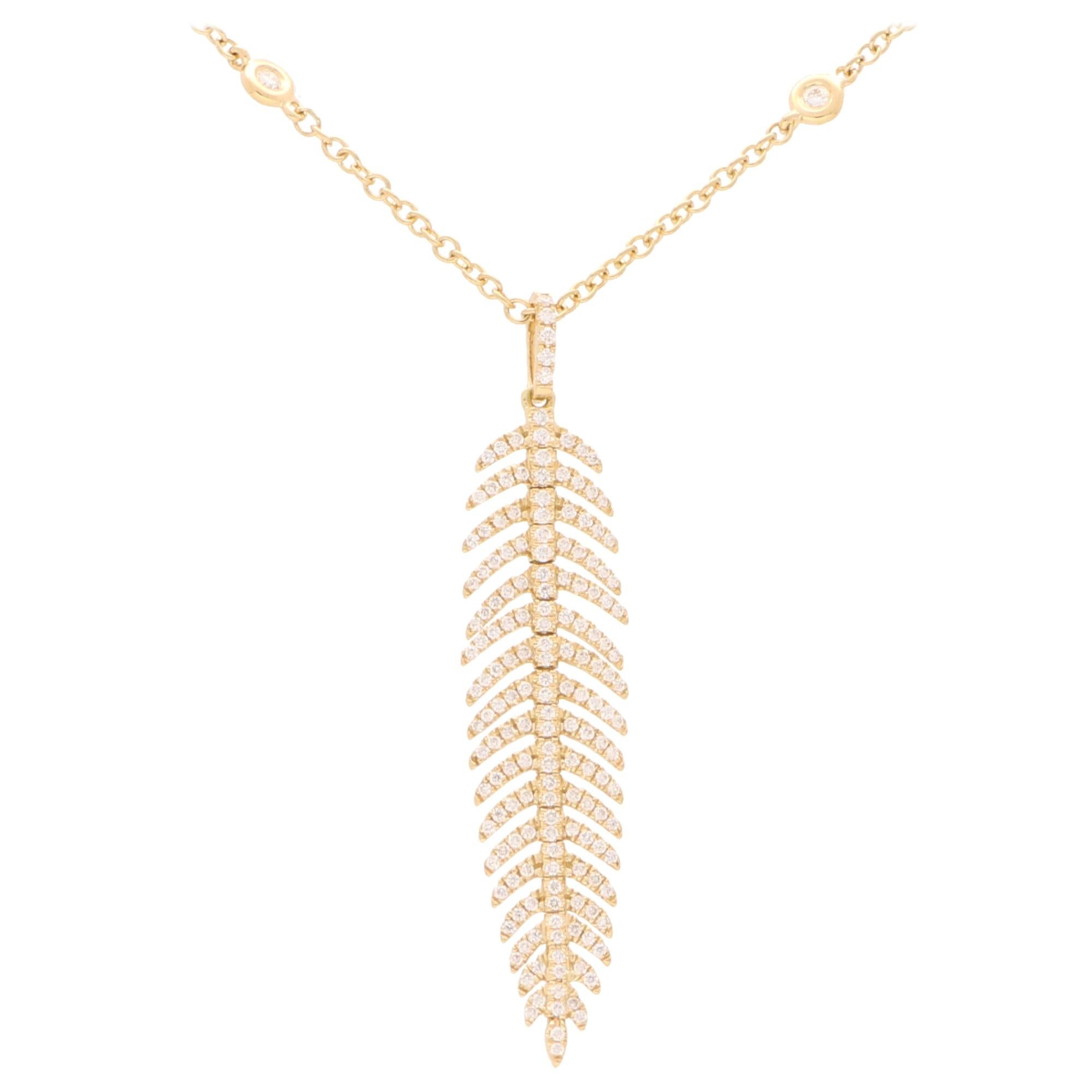 Articulated Diamond Feather Necklace in 18 Karat Yellow Gold For Sale