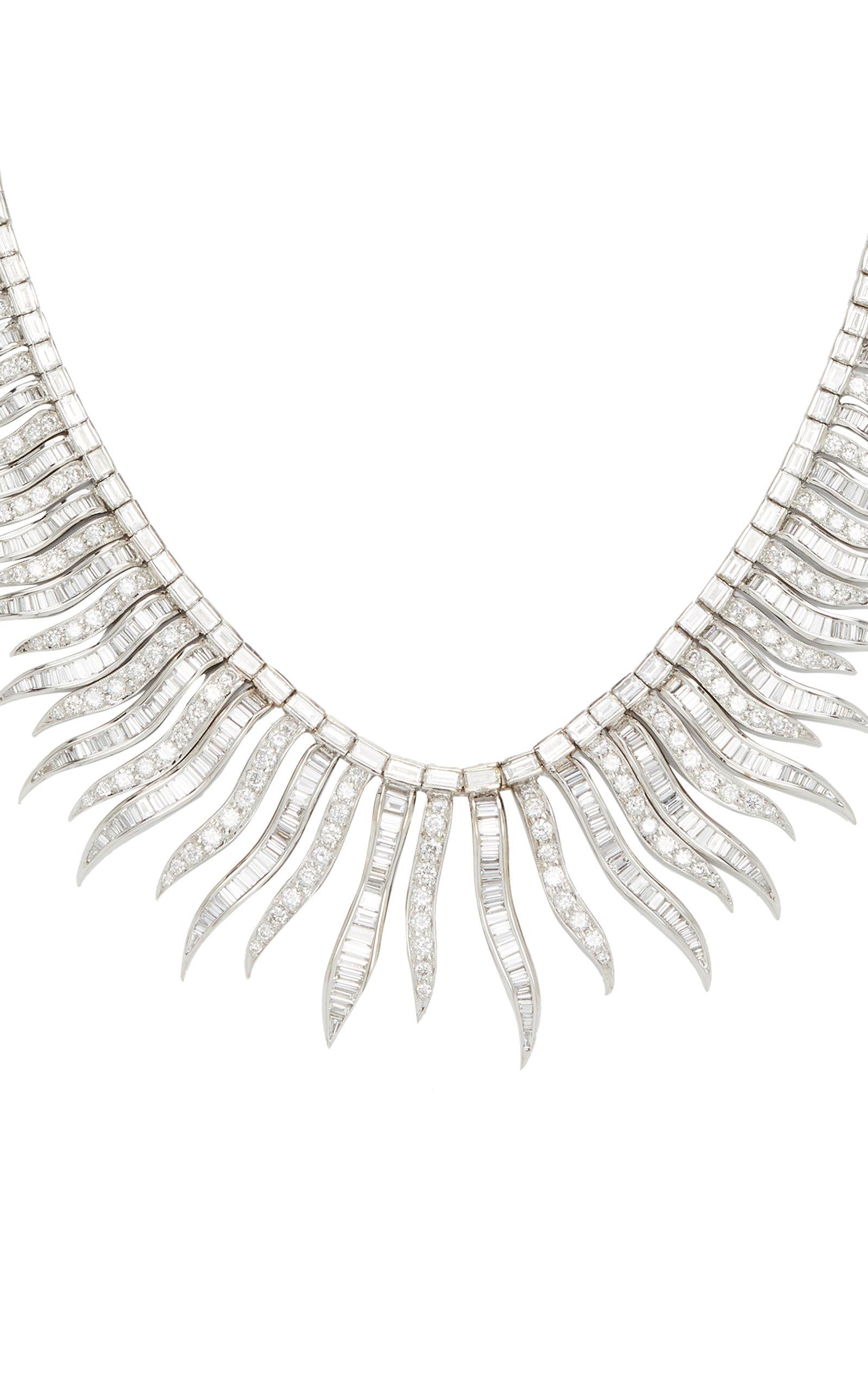 An exceptionally crafted and articulated diamond necklace in 18kt white gold with brilliant and baguette cut diamonds. Made in Italy, circa 1980s.