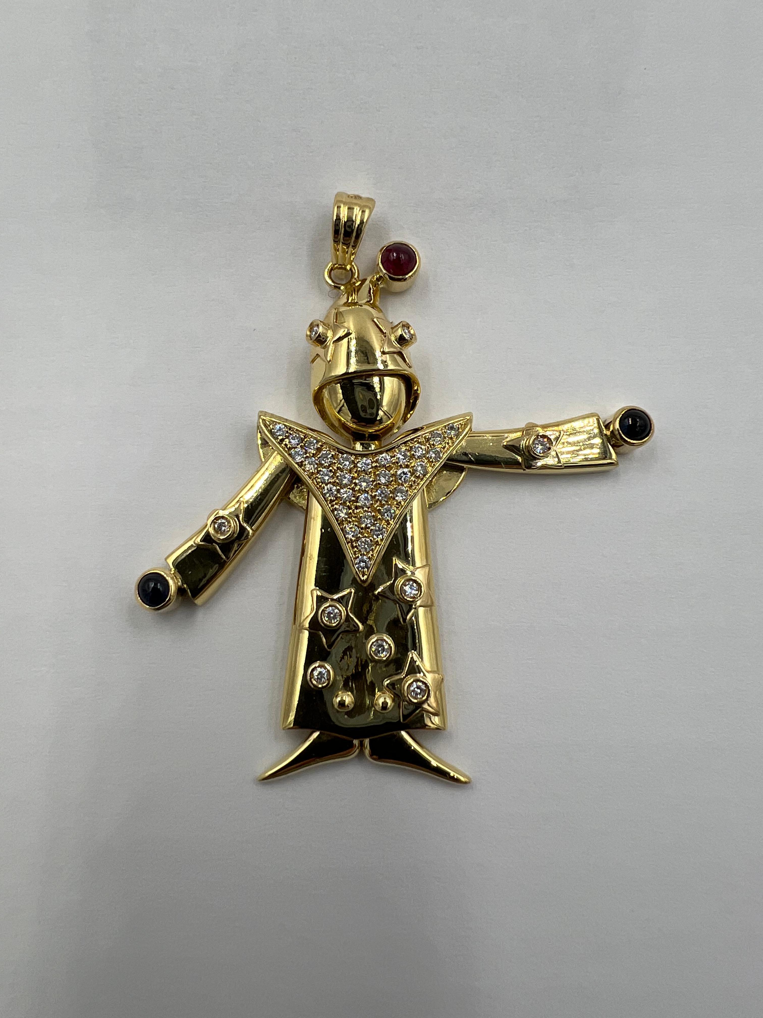 Contemporary Articulated Diamond Ruby Sapphire Yellow Gold Clown Pendant For Sale