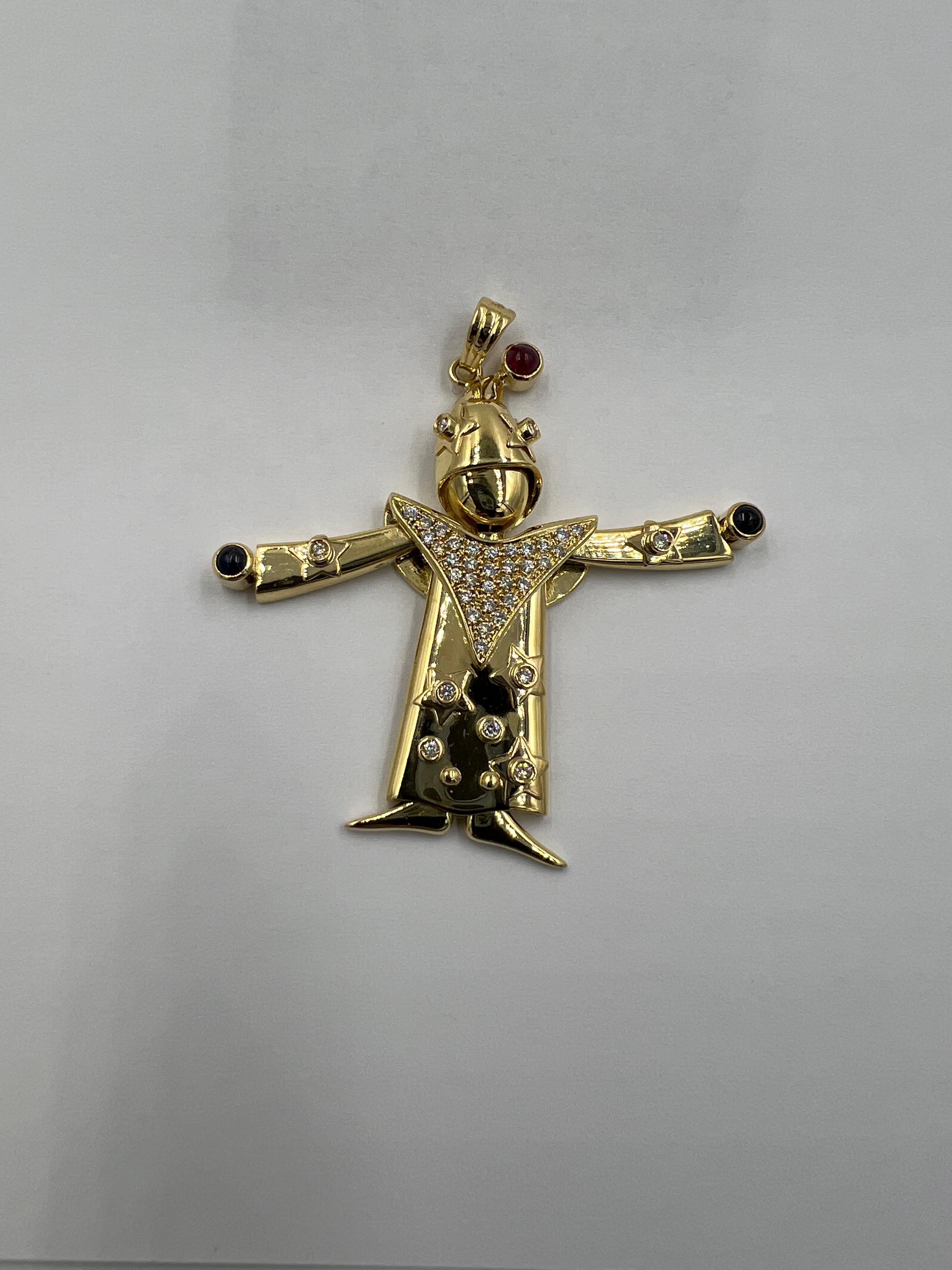 Round Cut Articulated Diamond Ruby Sapphire Yellow Gold Clown Pendant For Sale