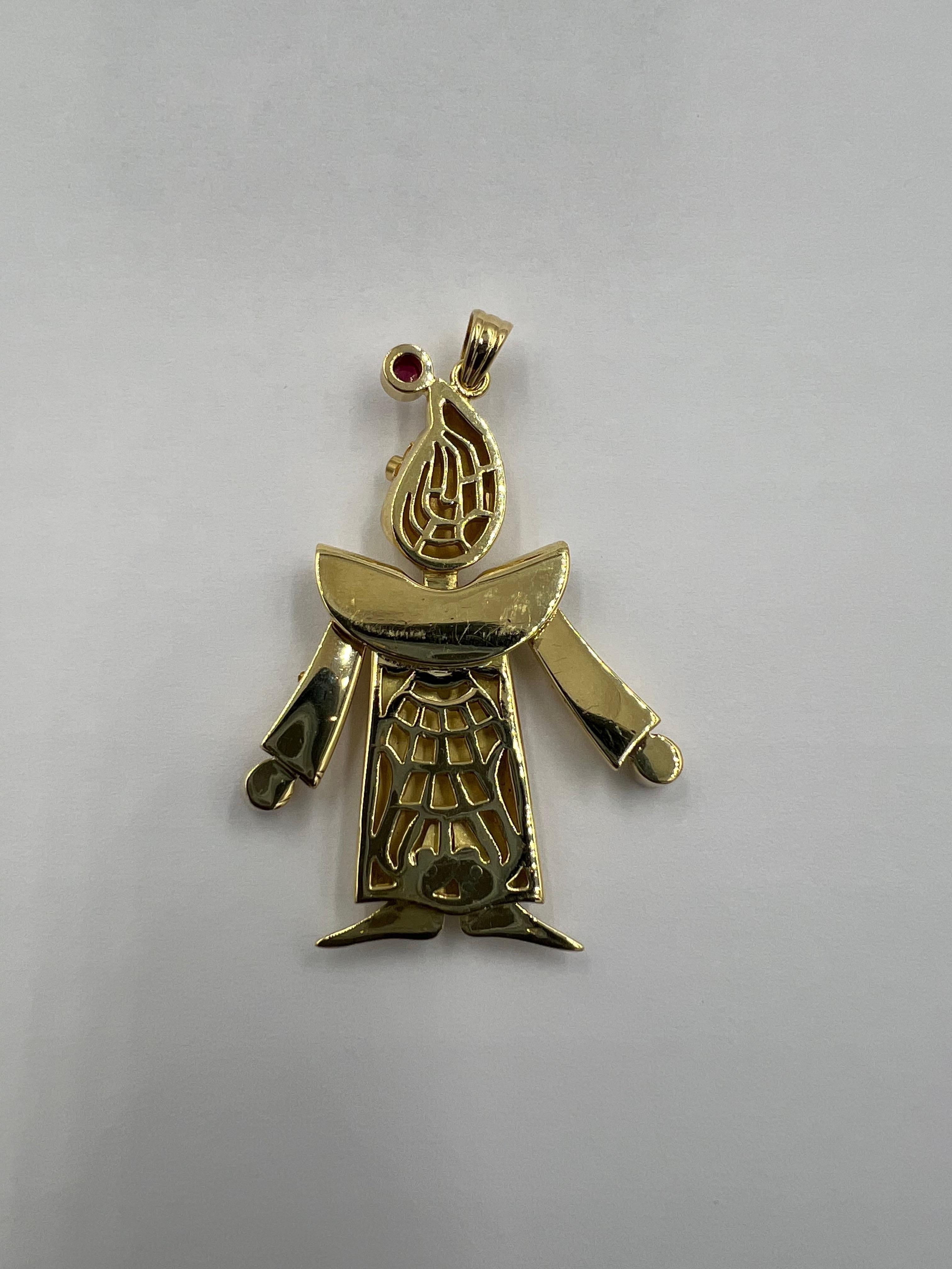 Articulated Diamond Ruby Sapphire Yellow Gold Clown Pendant In Good Condition For Sale In Los Angeles, CA