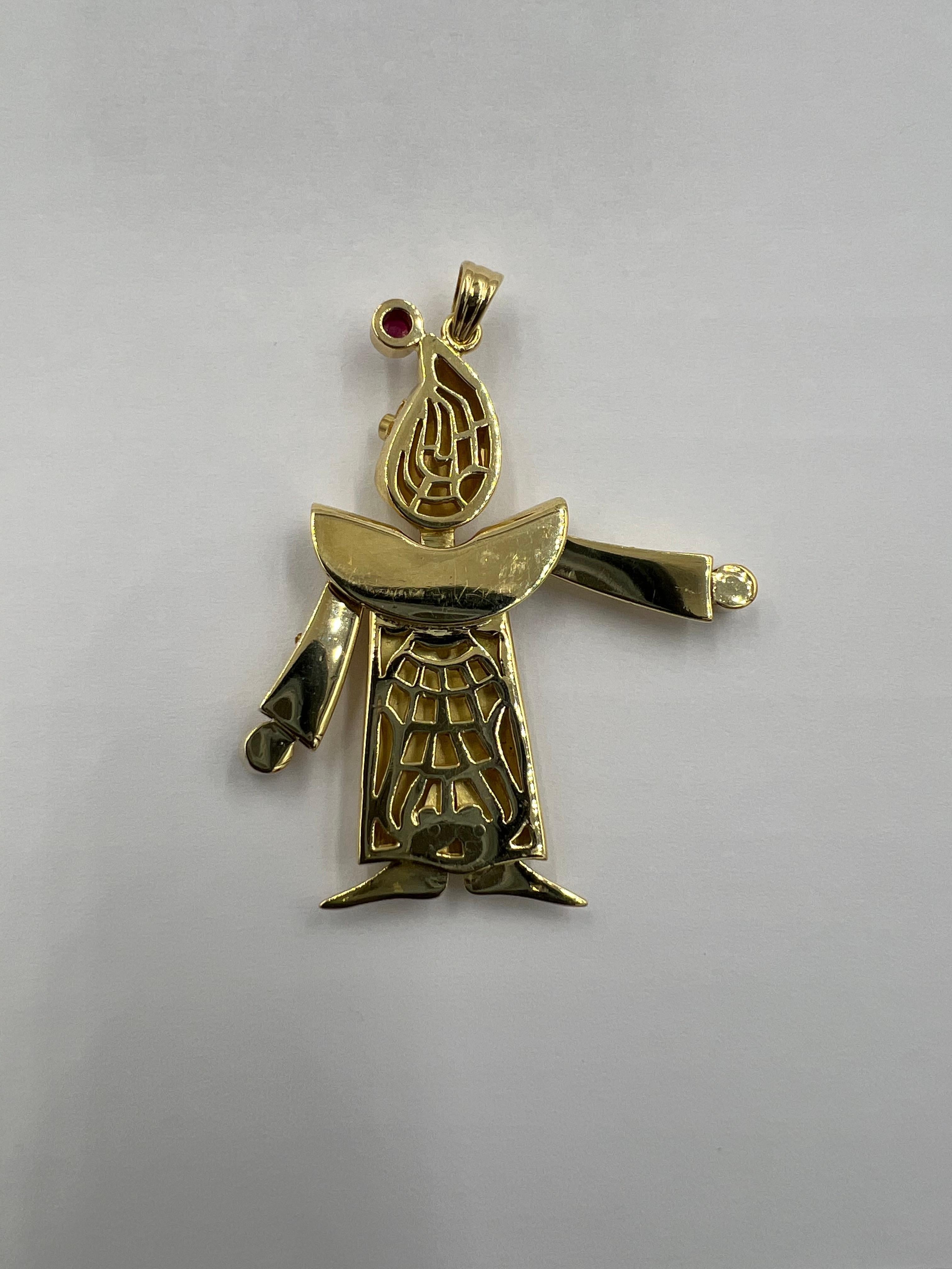 Women's or Men's Articulated Diamond Ruby Sapphire Yellow Gold Clown Pendant For Sale