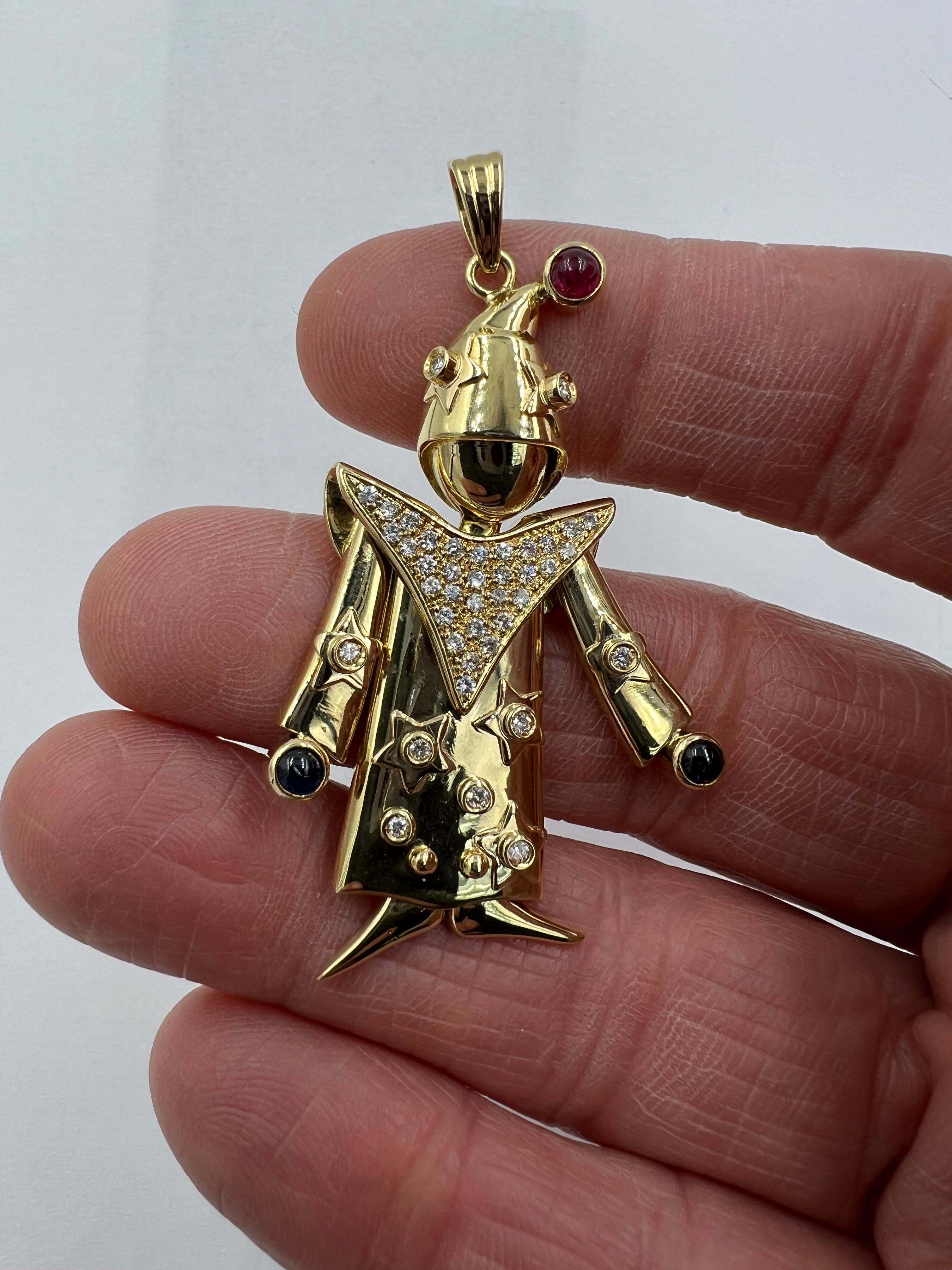 Articulated Diamond Ruby Sapphire Yellow Gold Clown Pendant For Sale 1