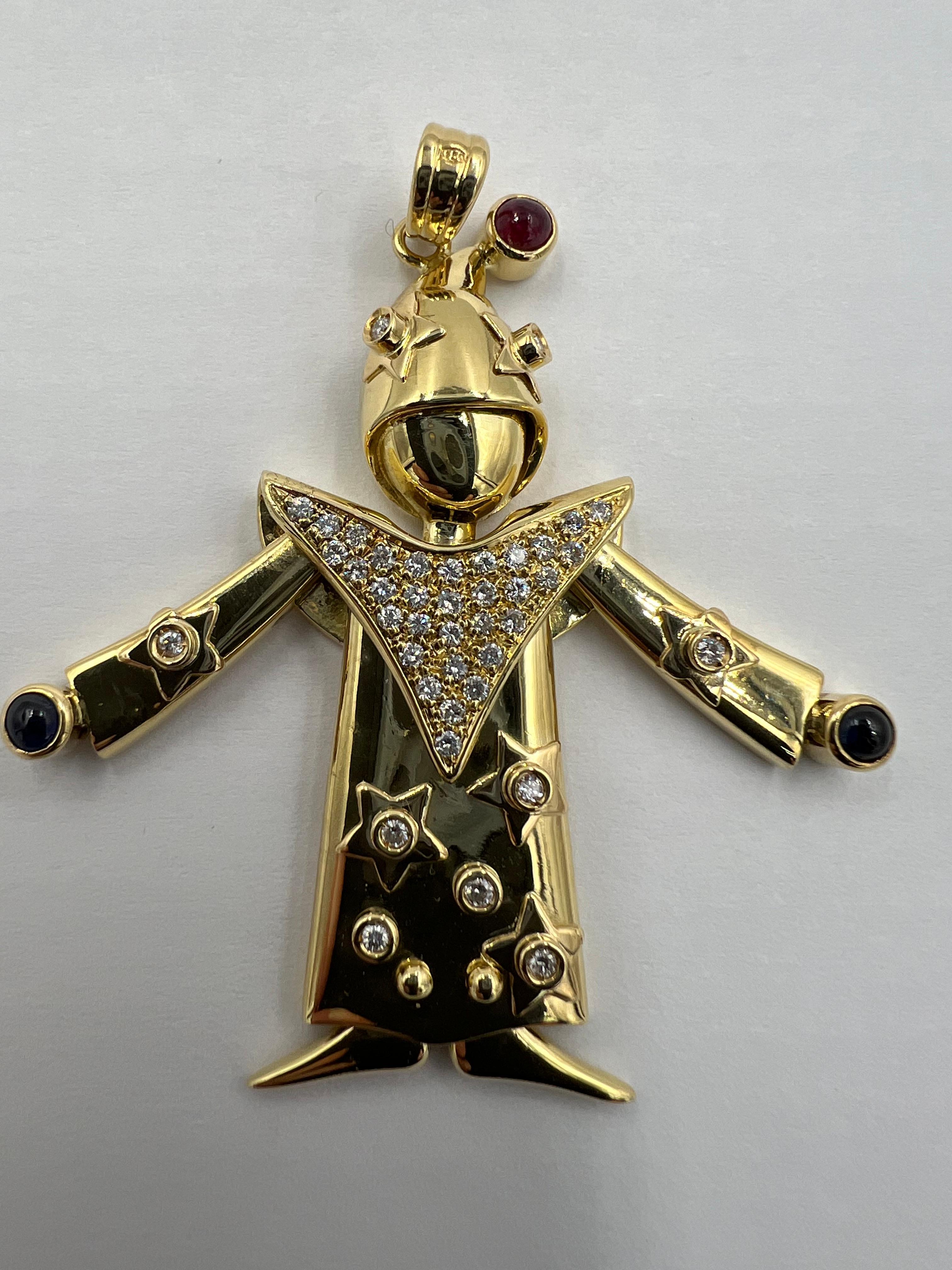 Articulated Diamond Ruby Sapphire Yellow Gold Clown Pendant For Sale 2