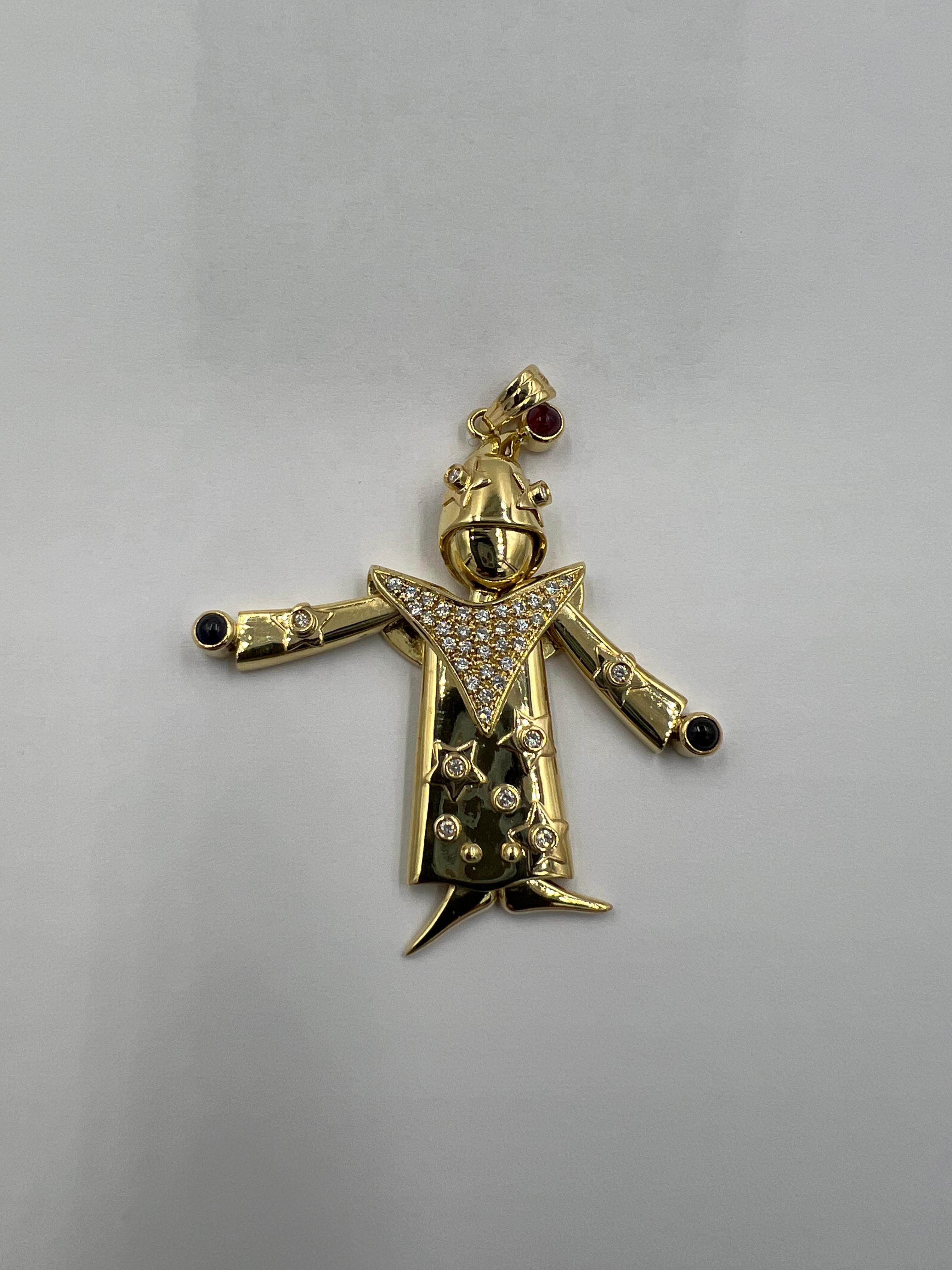 Articulated Diamond Ruby Sapphire Yellow Gold Clown Pendant For Sale 3