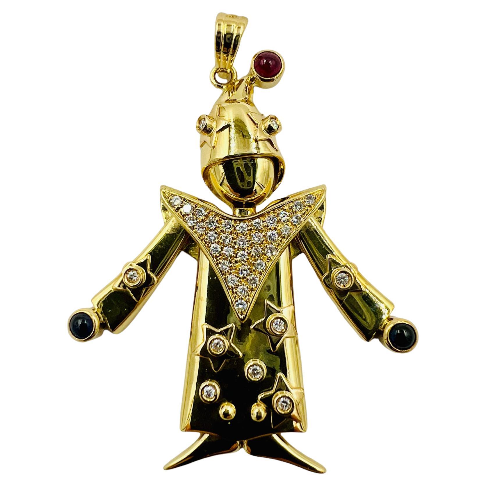 Articulated Diamond Ruby Sapphire Yellow Gold Clown Pendant For Sale