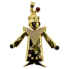 Articulated Diamond Ruby Sapphire Yellow Gold Clown Pendant