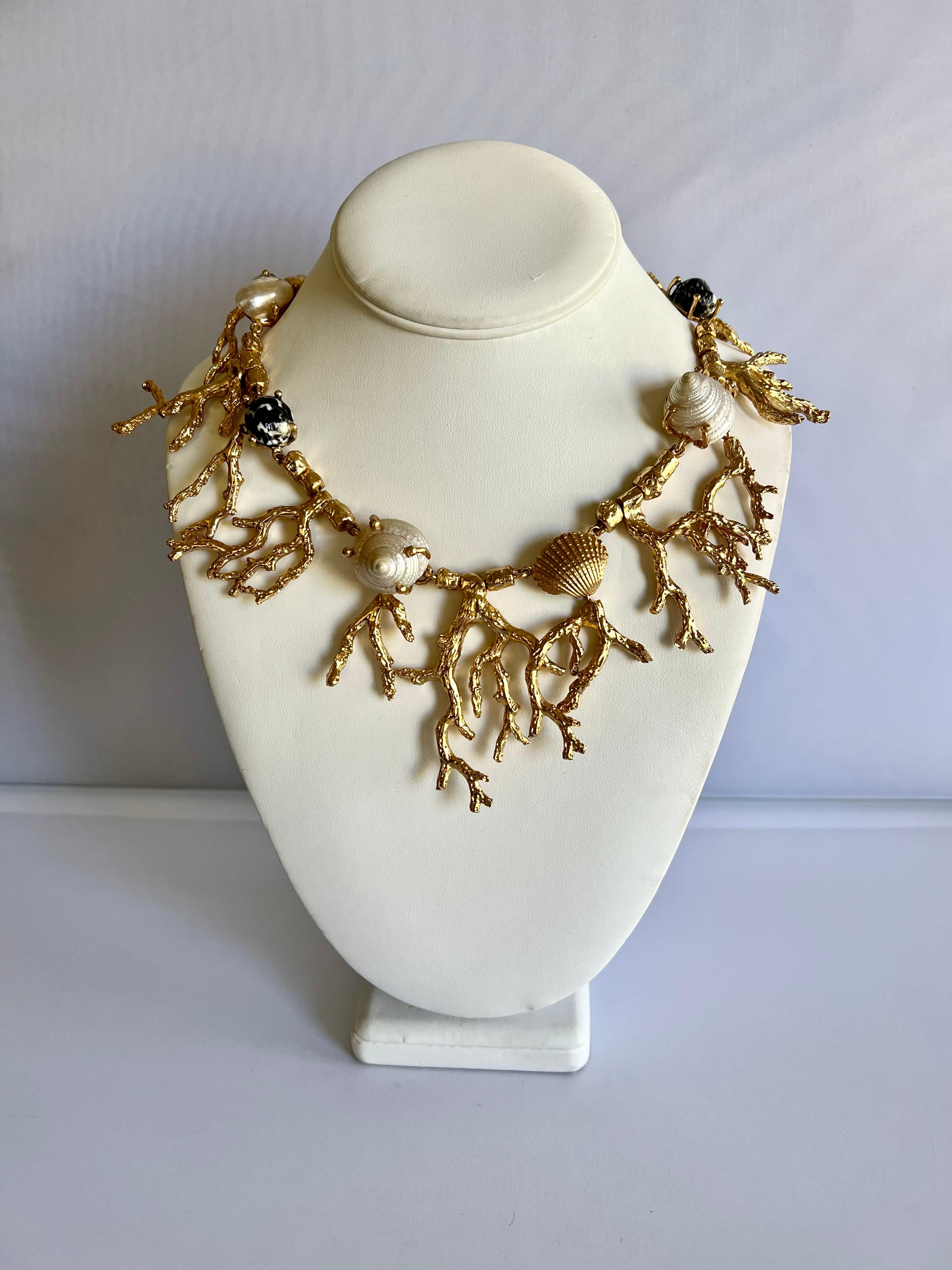 Artisan Articulated French Gilt Coral Seashell Necklace  For Sale