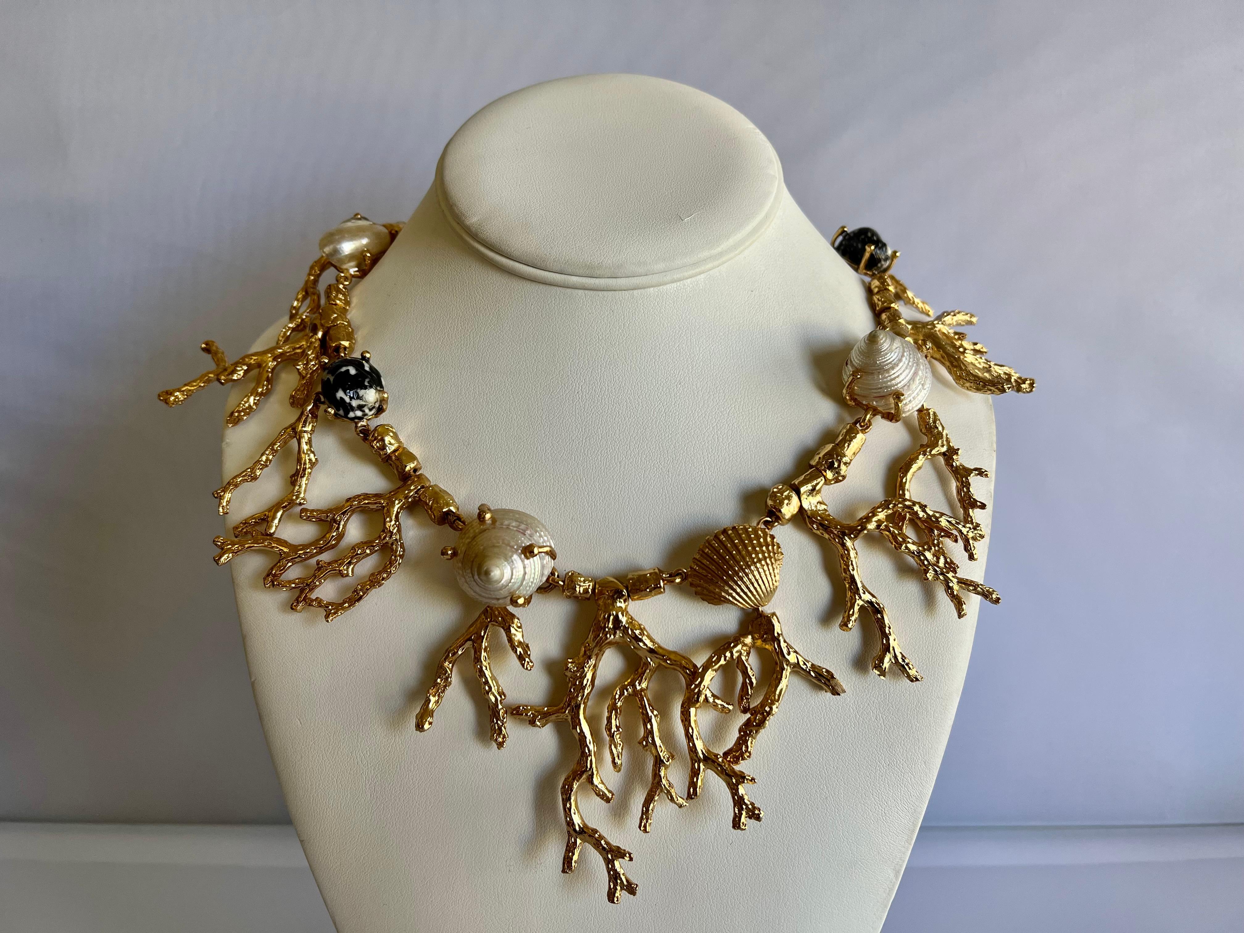 Articulated French Gilt Coral Seashell Necklace  In Excellent Condition For Sale In Palm Springs, CA