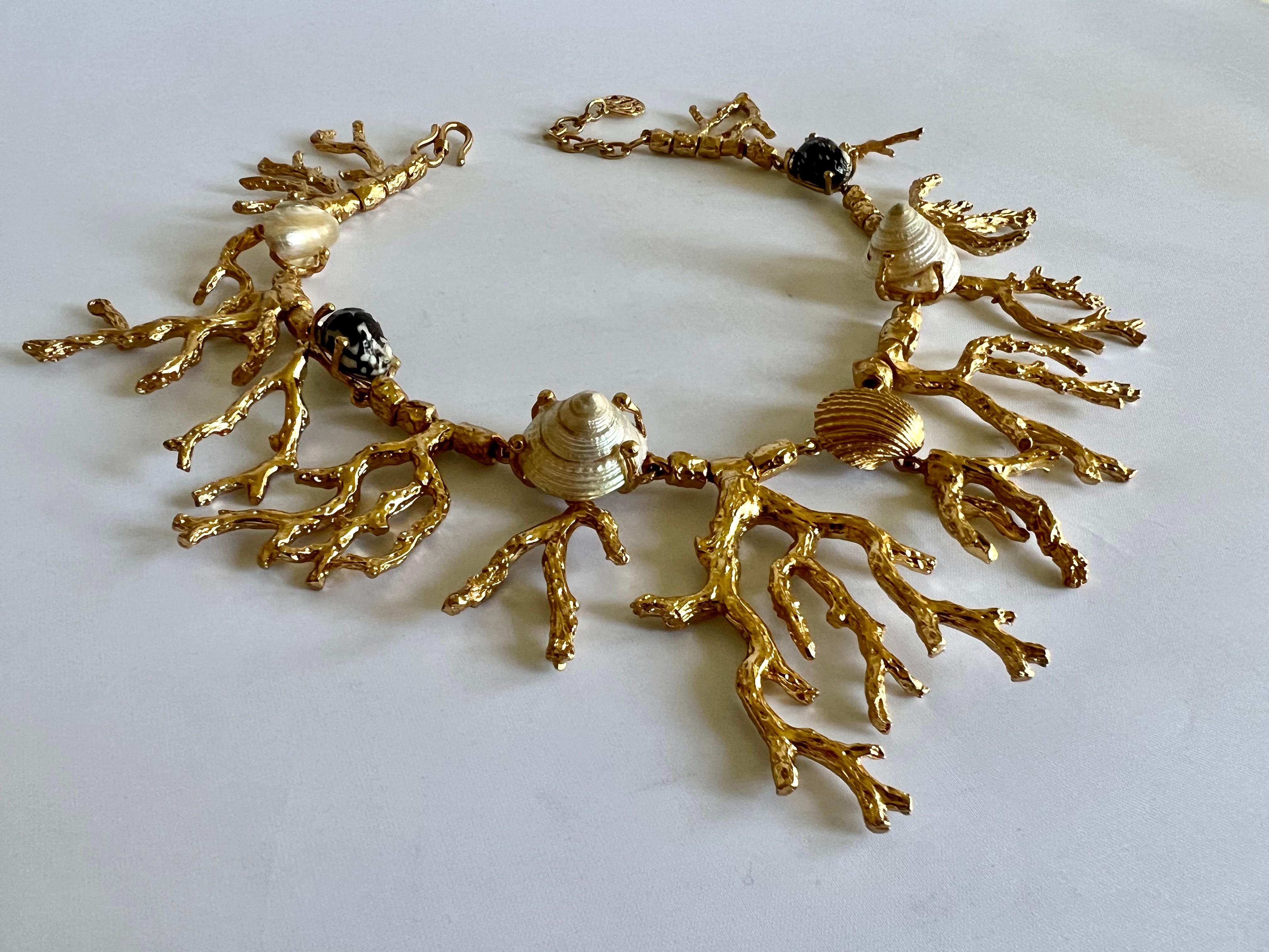 Women's Articulated French Gilt Coral Seashell Necklace  For Sale