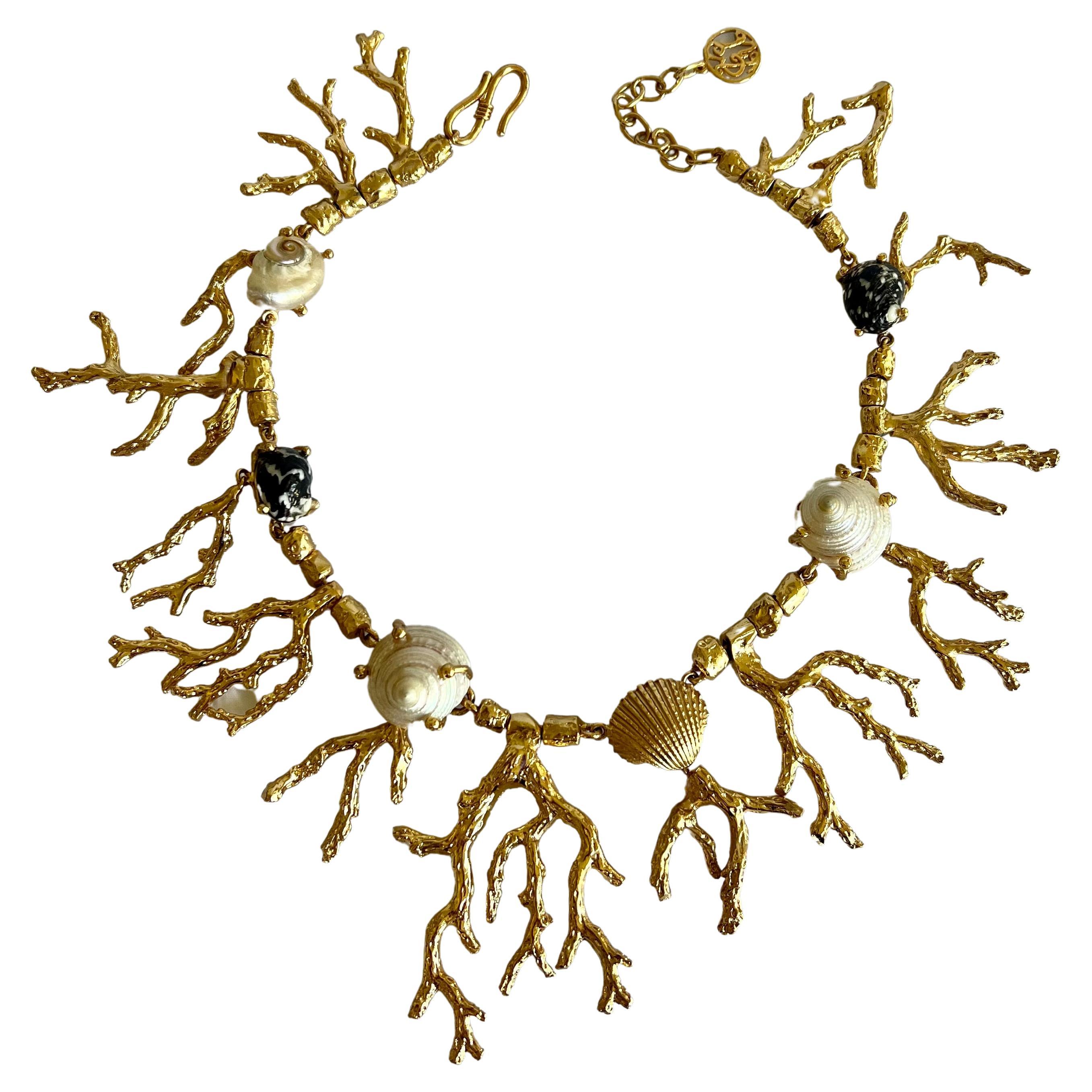 Articulated French Gilt Coral Seashell Necklace  For Sale