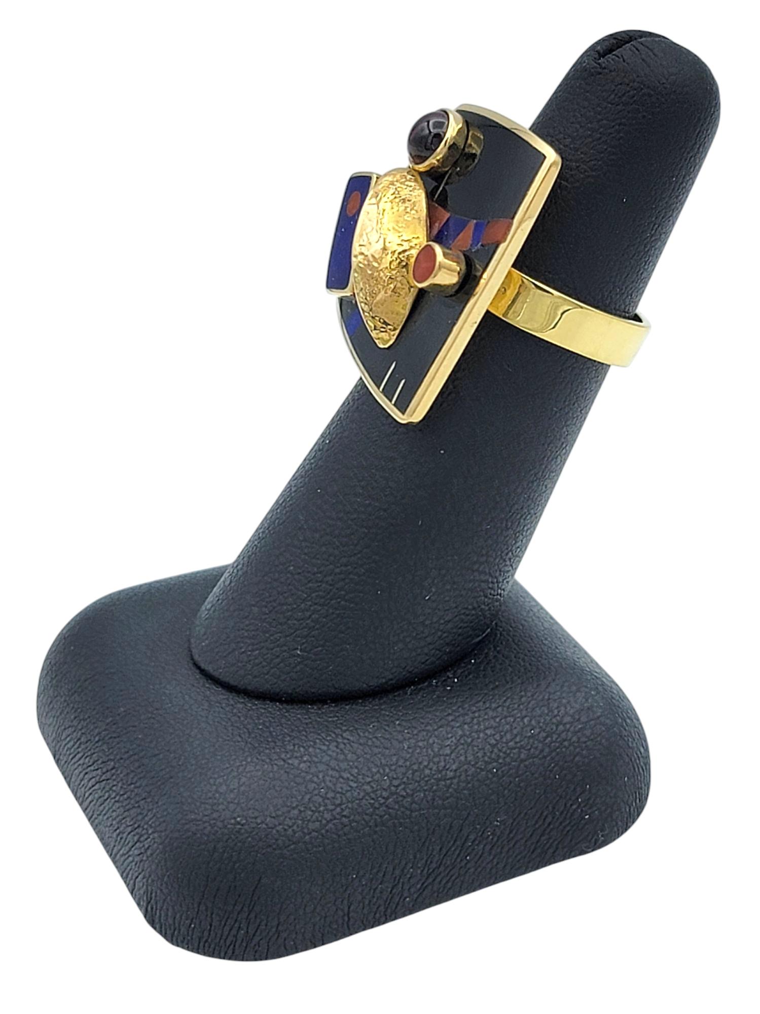 Bague cocktail tablette incrustée de pierres précieuses articulées abstraites en or jaune 18 carats en vente 6