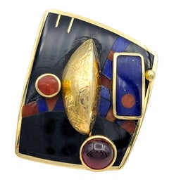 Articulated Gemstone Abstract Inlay Tablet Cocktail Ring in 18 Karat Yellow Gold