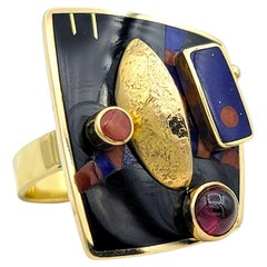 Articulated Gemstone Abstract Inlay Tablet Cocktail Ring in 18 Karat Yellow Gold