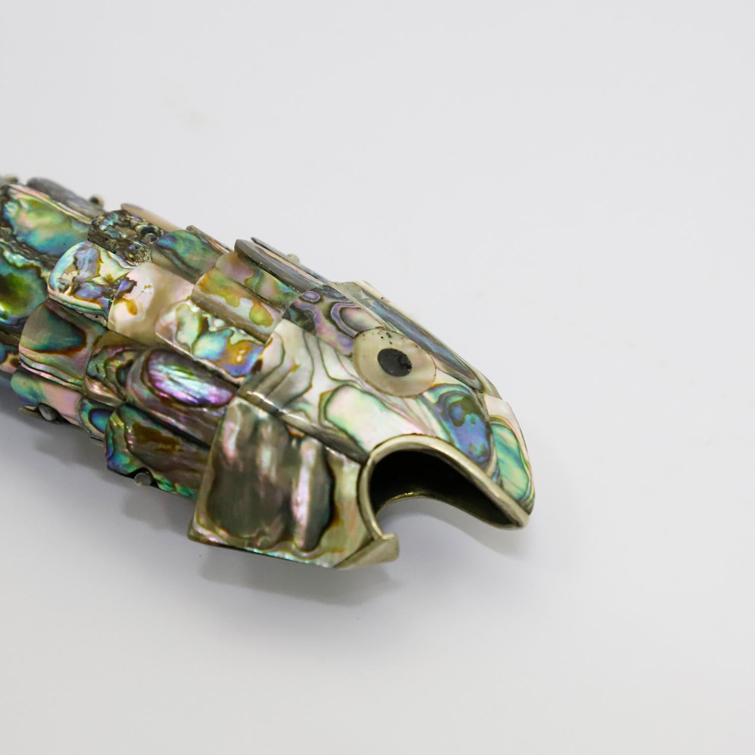 Mid-Century Modern Articulated Mexican Abalone and Brass Bottle Opener by Los Castillo