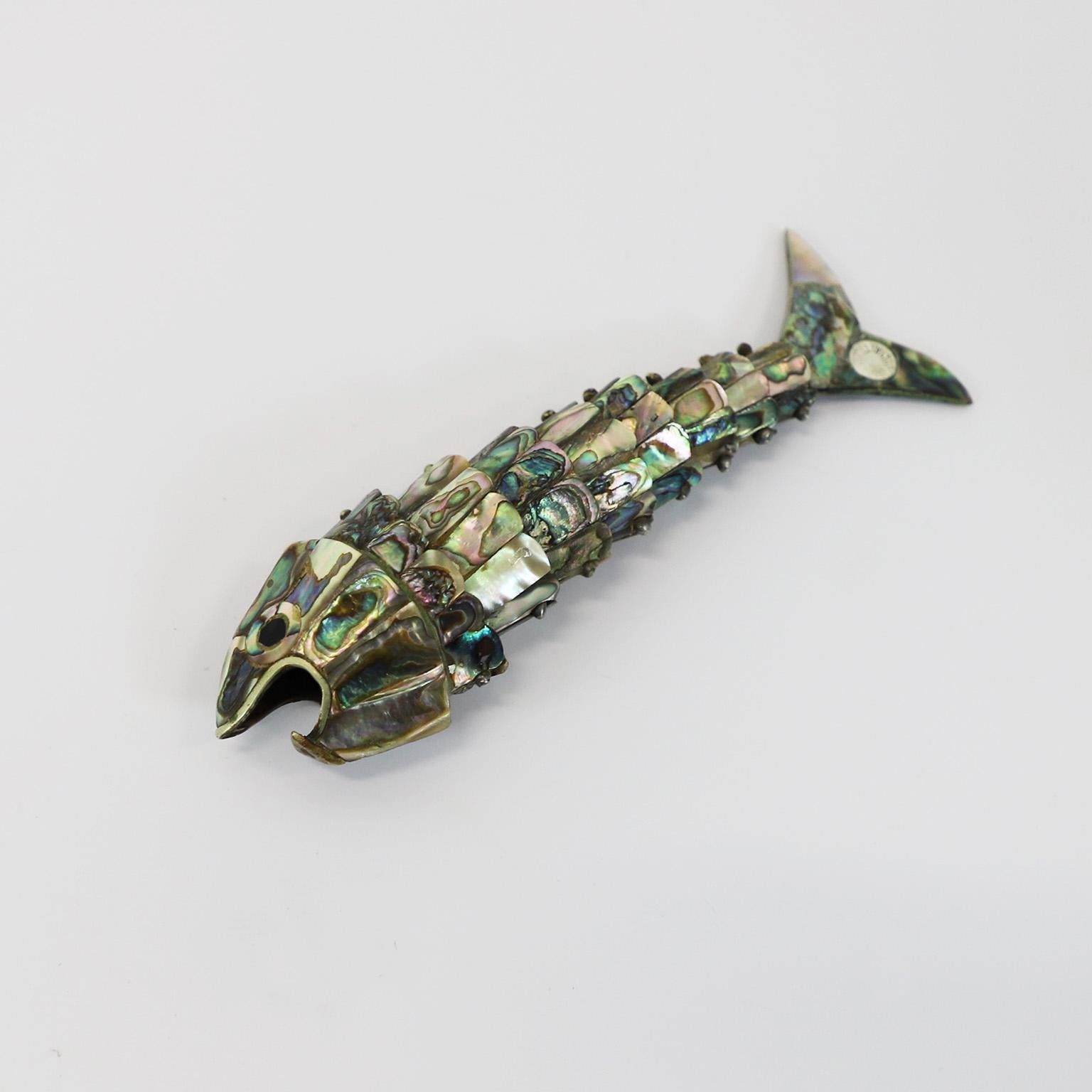 Mid-Century Modern Articulated Mexican Abalone and Brass Bottle Opener by Los Castillo