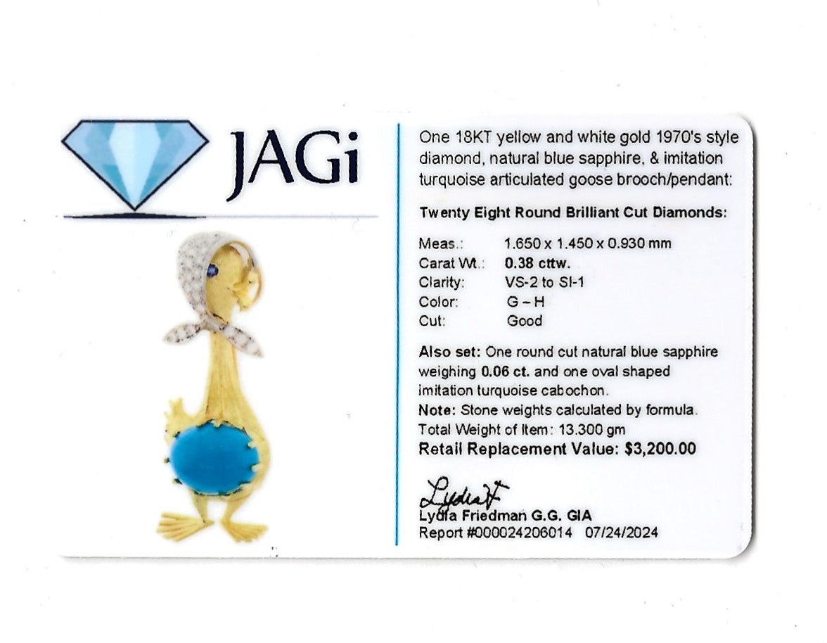 Articulated Mother Goose Brooch / Pendant with Diamonds in 18 Karat Yellow Gold For Sale 4