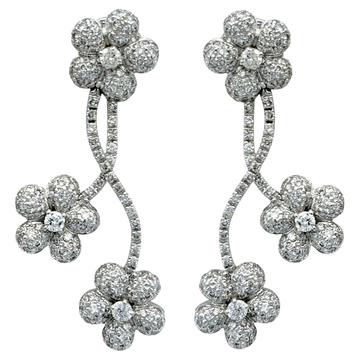 Articulated Pavé Diamond Flower Motif Dangle Earrings in 14 Karat White Gold