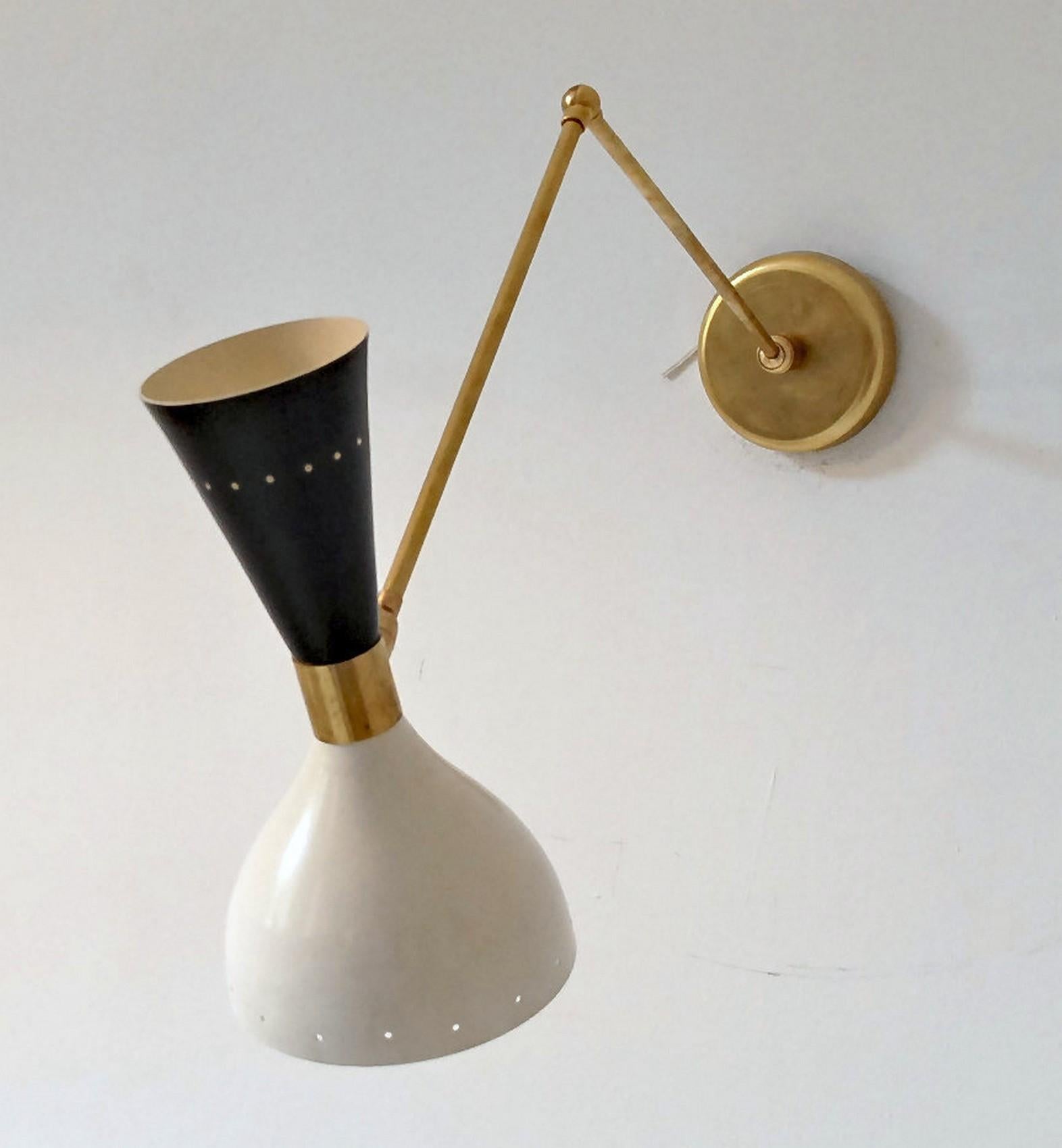 Articulated Sconce Mid-Century Modern Stilnovo Style Solid Brass Black and White For Sale 1