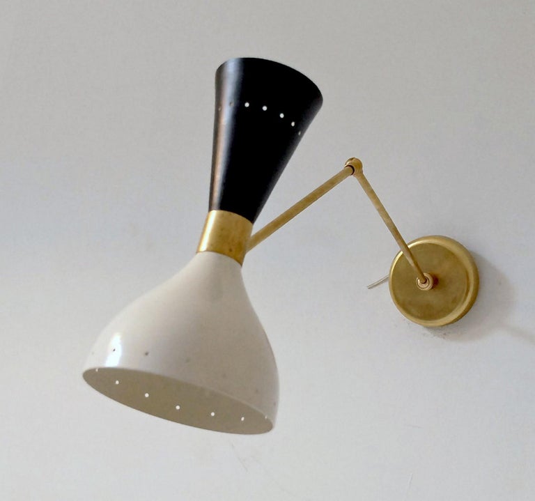 Italian Articulated Sconce Mid-Century Modern Stilnovo Style Solid Brass Black and White For Sale