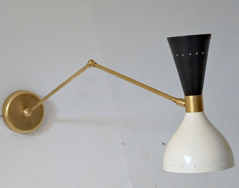 Enameled Articulated Sconce Mid-Century Modern Stilnovo Style Solid Brass Black and White For Sale