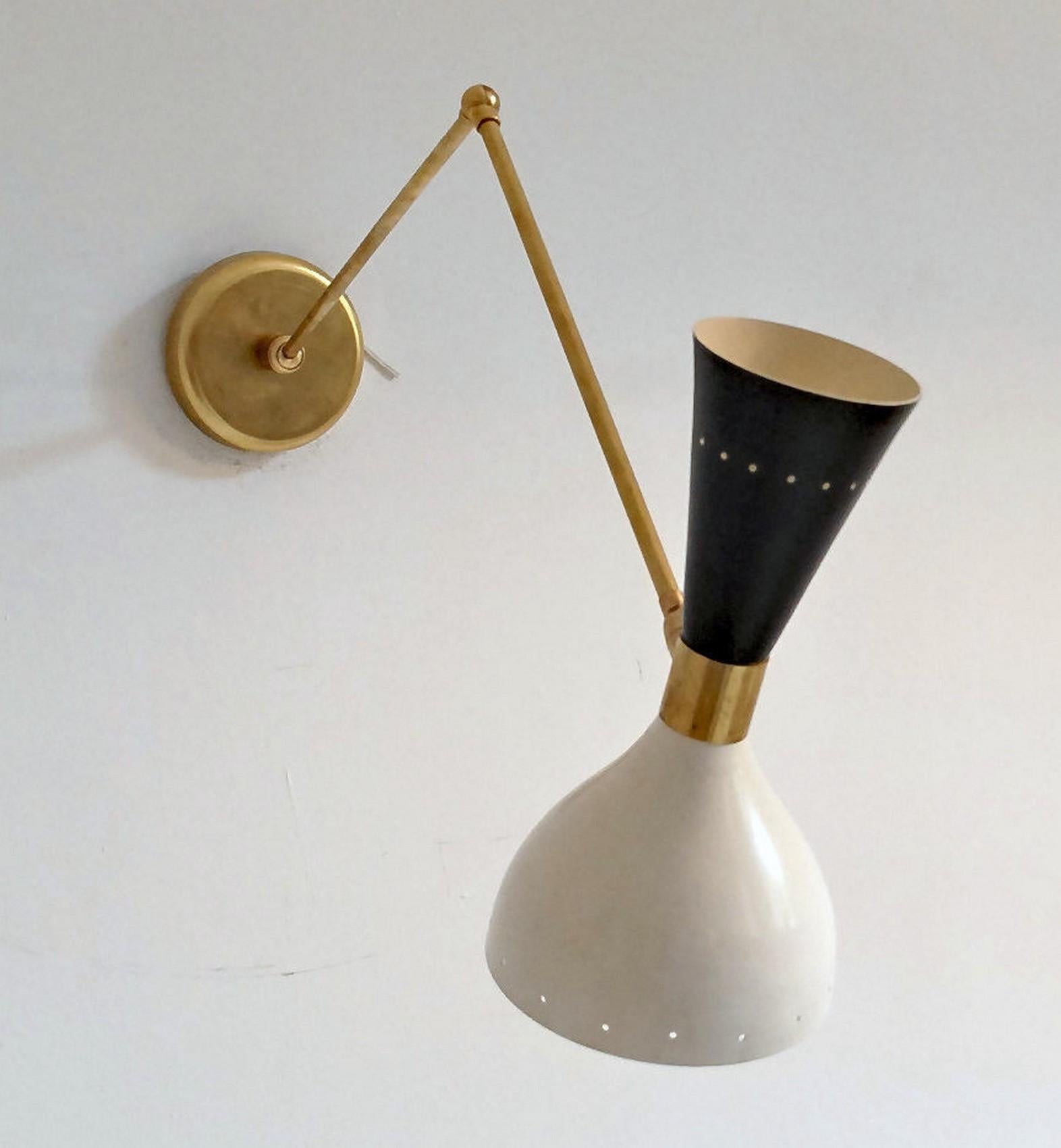 Italian Articulated Sconce Mid-Century Modern Stilnovo Style Solid Brass Black and White For Sale