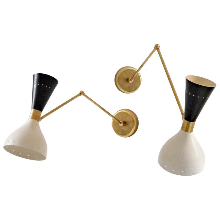 Articulated Sconce Mid-Century Modern Stilnovo Style Solid Brass Black and White For Sale