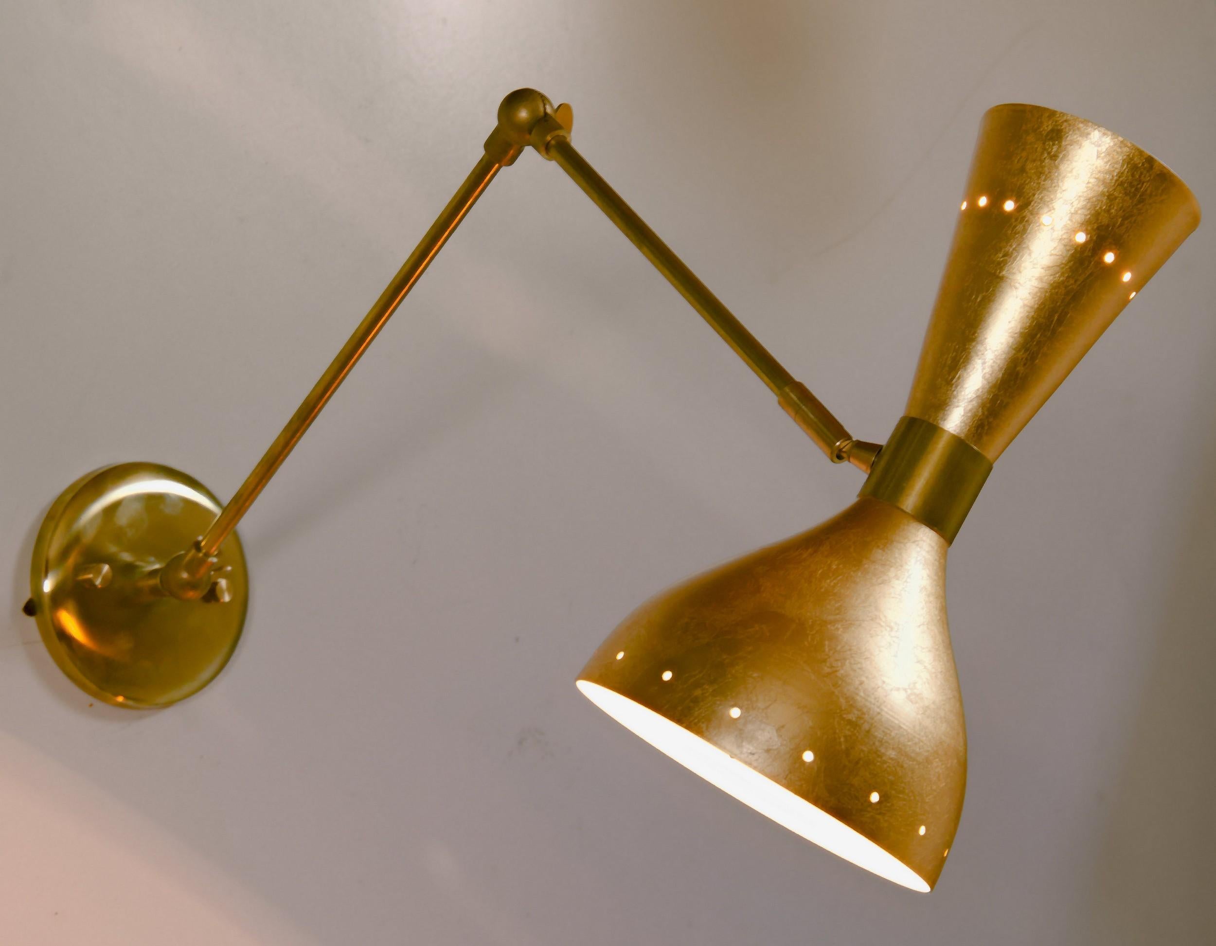 Articulated Sconce Midcentury Modern Stilnovo Style Solid Brass Hand Gilt Shades For Sale 9