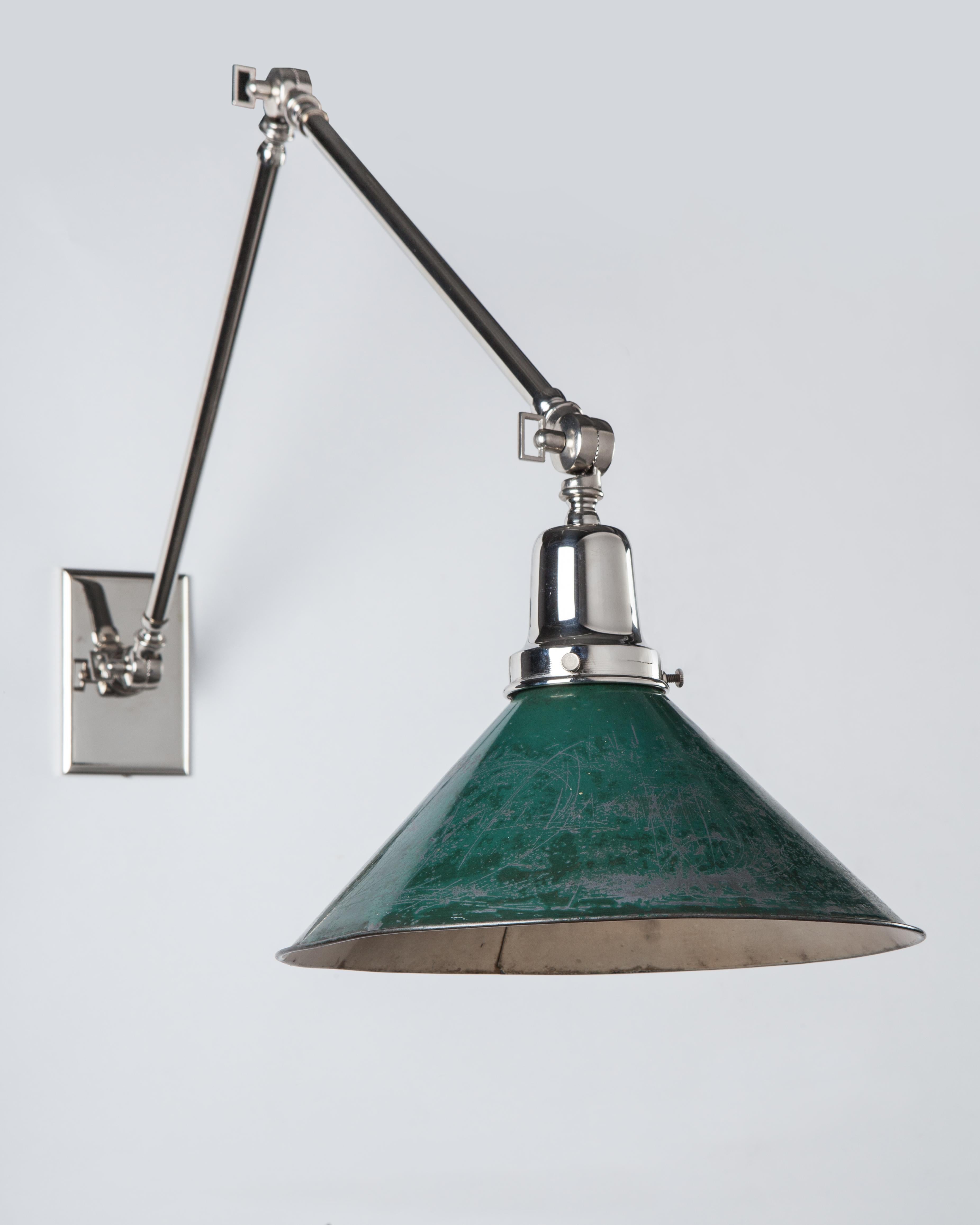 American Articulated Sconce with Antique Industrial Green Shade, Circa 1910