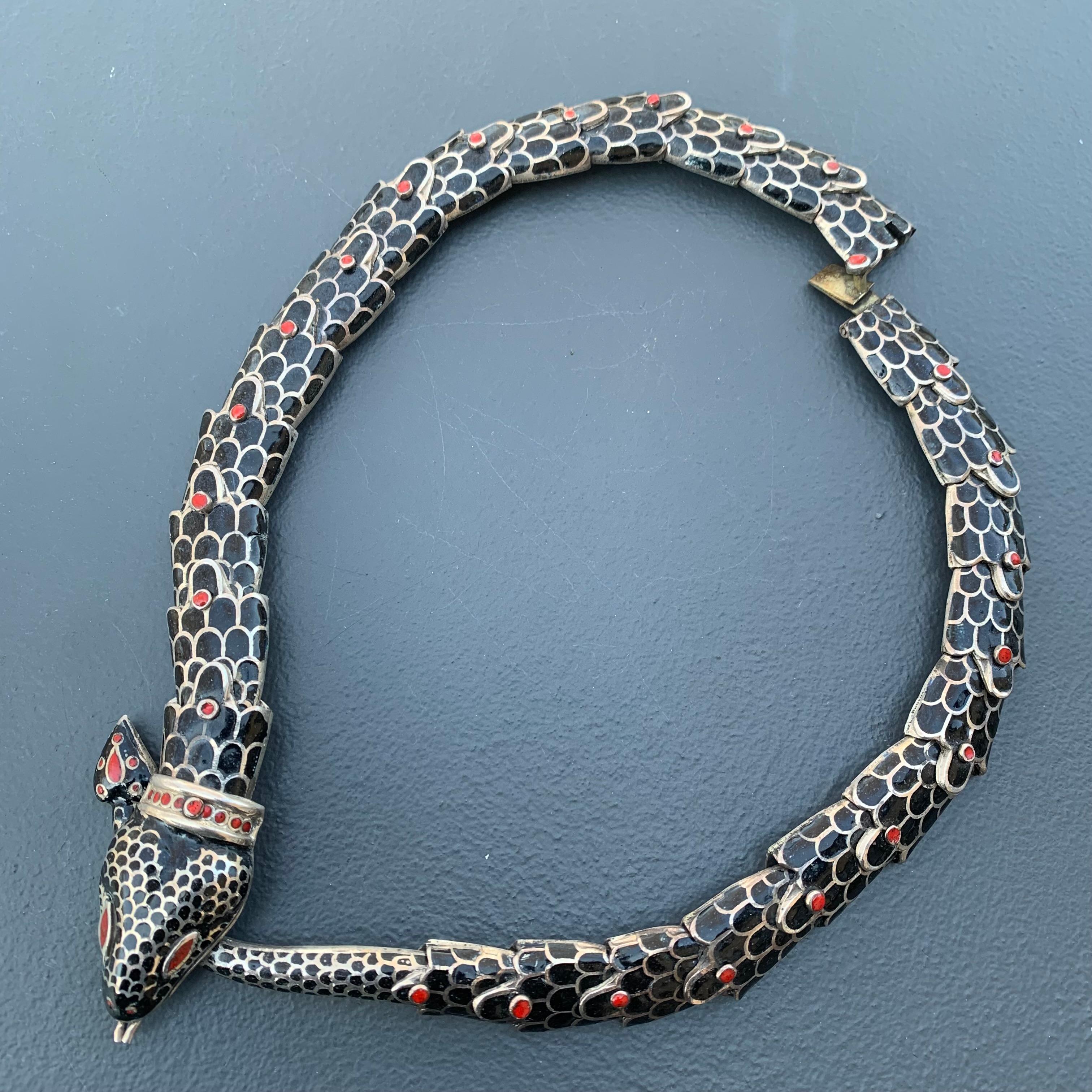 Women's or Men's Articulated Sterling silver enamel Mexican Snake Necklace