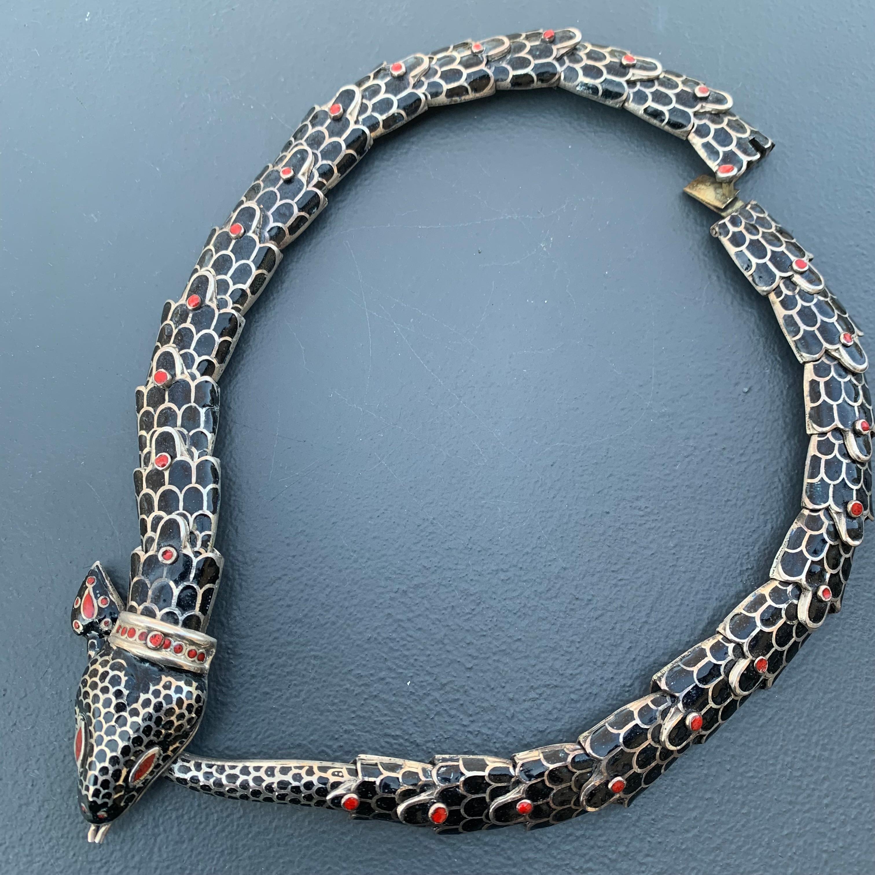 Articulated Sterling silver enamel Mexican Snake Necklace 1