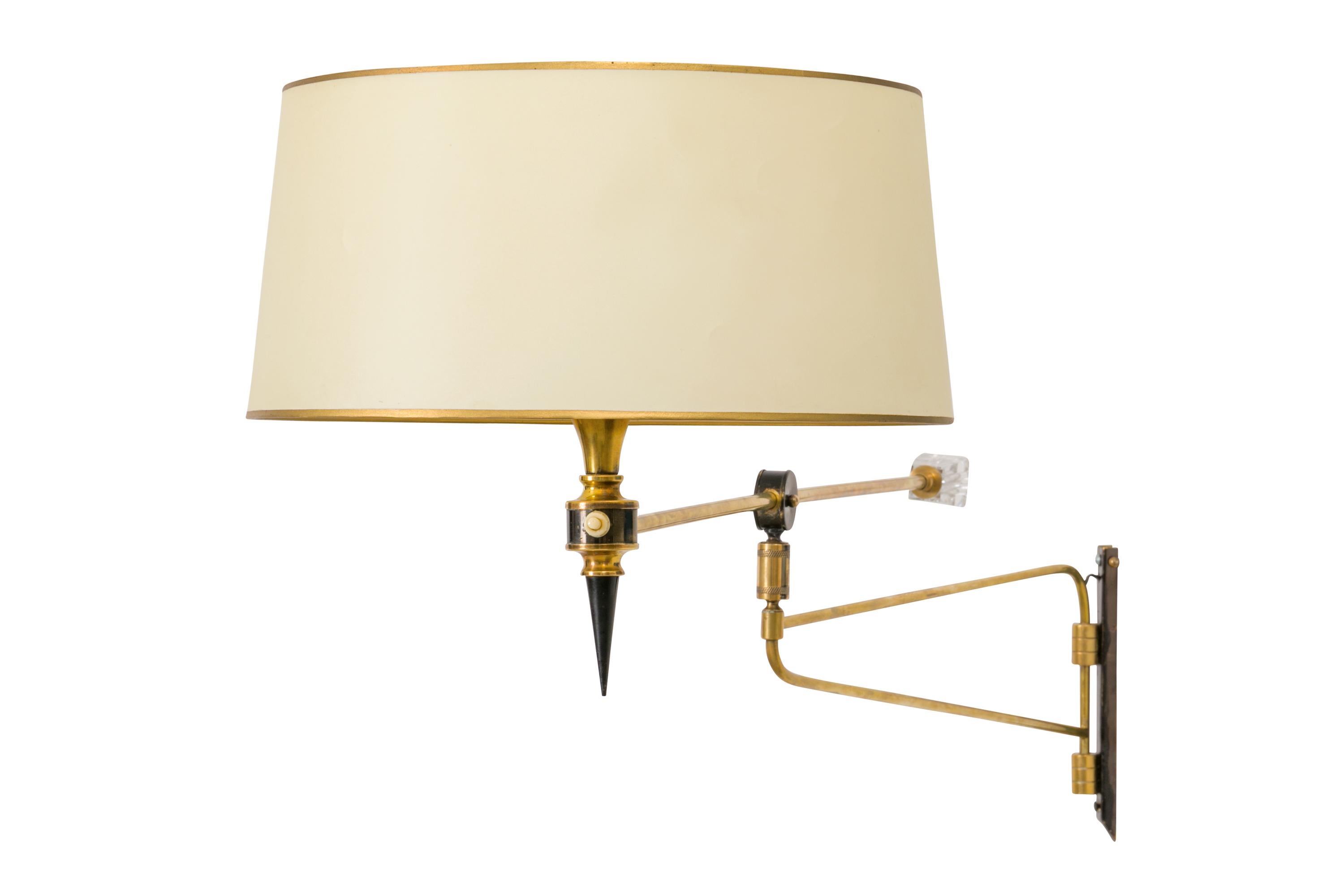 Mid-Century Modern Articulating Brass Wall Light with Shade, France 1950s