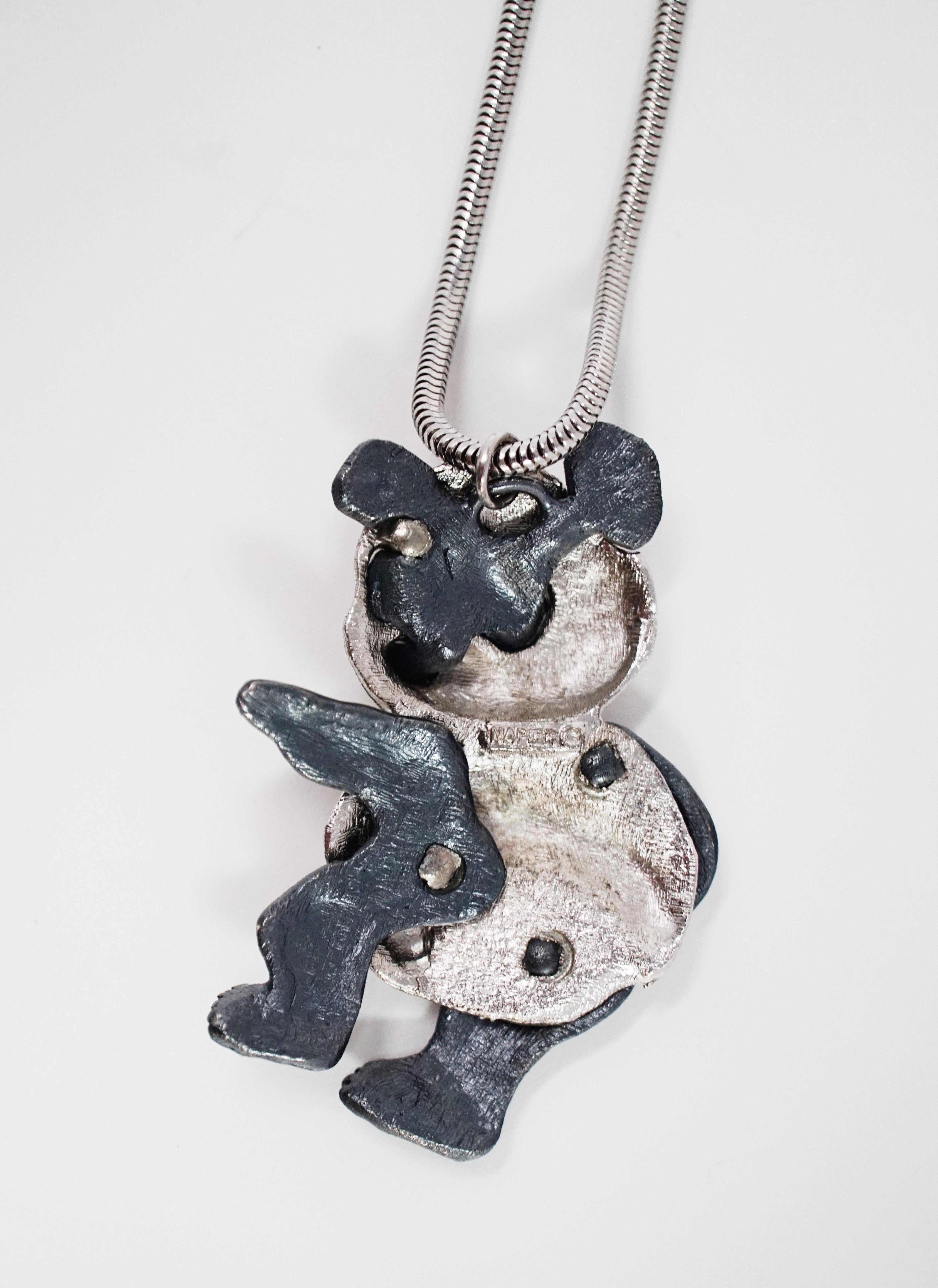 Modernist Articulating Panda Bear Pendant Necklace by Napier, circa 1960, Double Signed