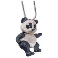 Vintage Articulating Panda Bear Pendant Necklace by Napier, circa 1960, Double Signed