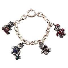Articulating Serling Silver Enamel Teddy Bear Charm Bracelet #18427