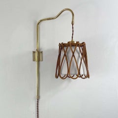 Articulating Wall Light, Rattan Fabric & Brass, France 1950s