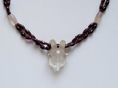 Artifact Mogul Estate Rock Crystal Ram Head Amulet and Garnet Beads Necklace