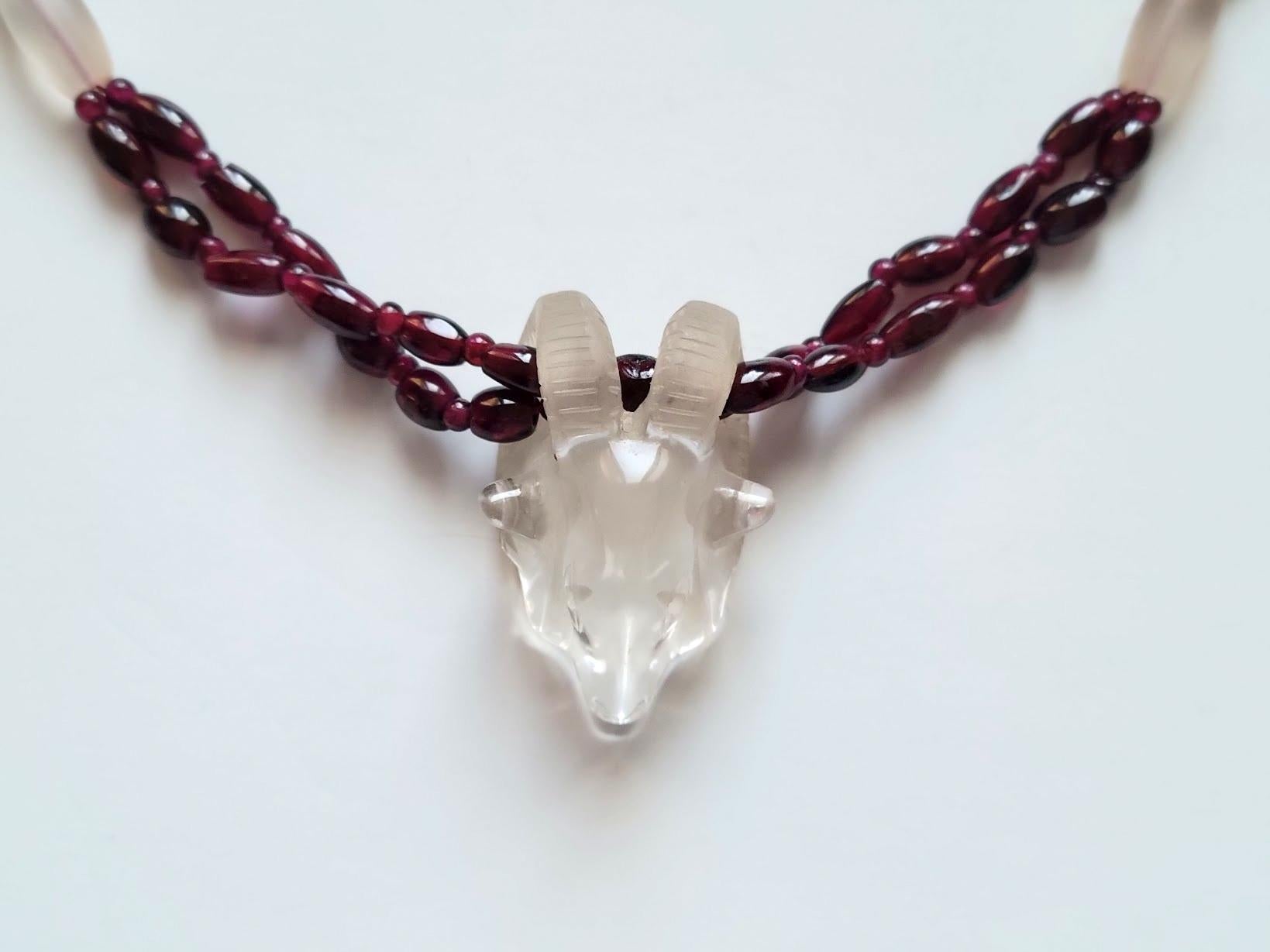 Mixed Cut Artifact Mogul Estate Rock Crystal Ram Head Amulet and Garnet Beads Necklace For Sale
