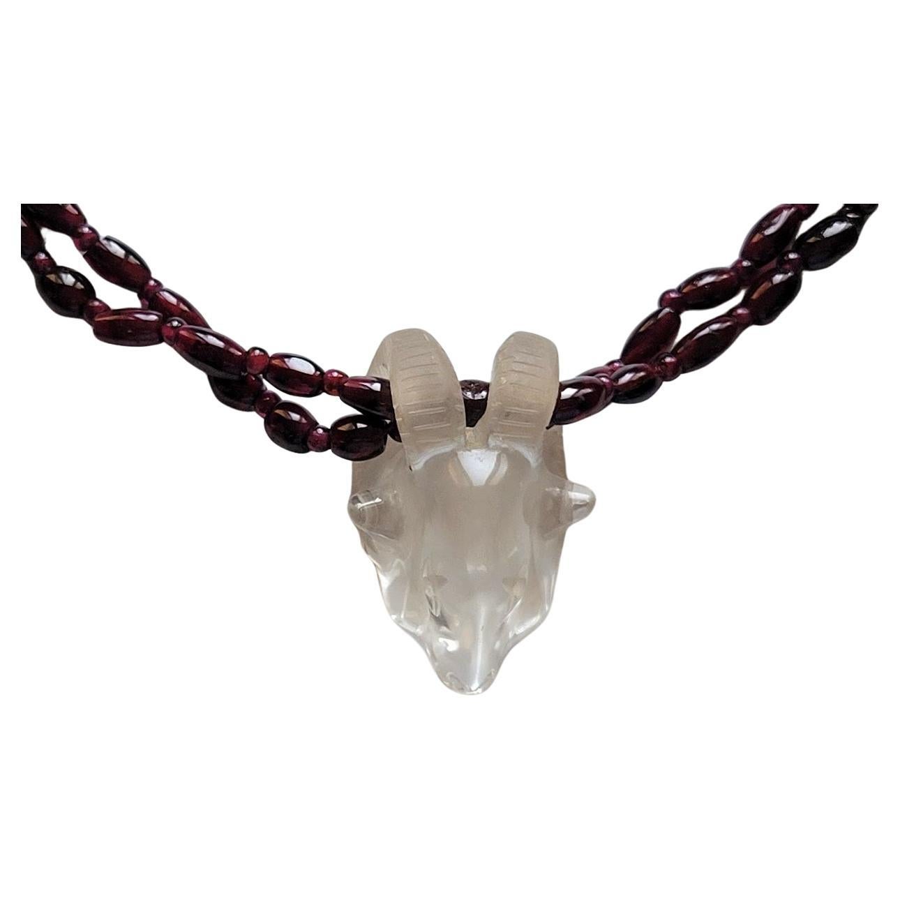 Artifact Mogul Estate Rock Crystal Ram Head Amulet and Garnet Beads Necklace For Sale