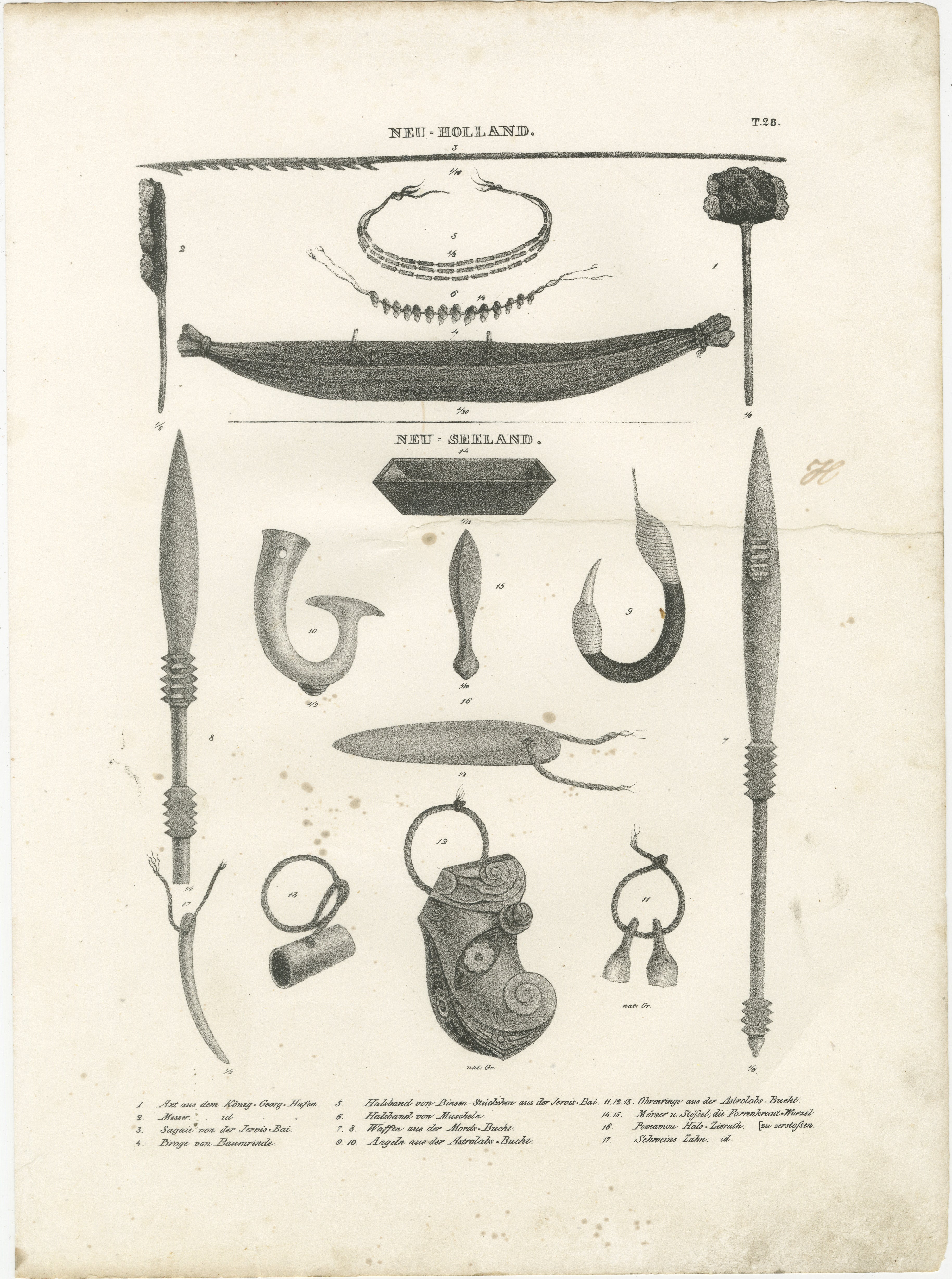 Titre : Artéfacts de Nouvelle Hollande et de Nouvelle Zélande : Outils, ornements et objets culturels  

Description : Cette lithographie, datant de 1836, présente un ensemble détaillé d'objets culturels de Nouvelle Hollande (l'actuelle Australie)