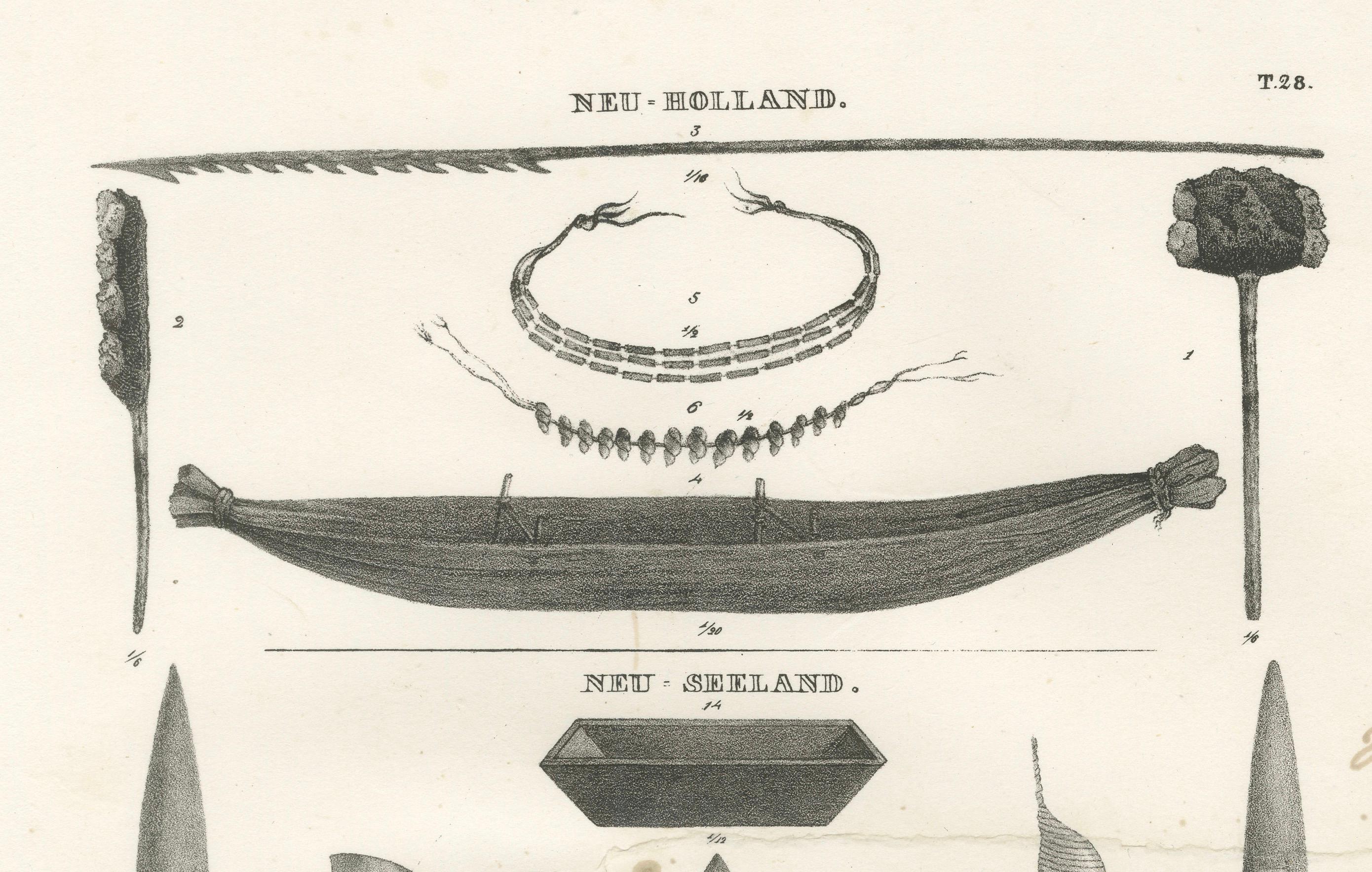 Artifacts de la Nouvelle- Hollande et de la Nouvelle-Zélande : outils, ornements, objets culturels, 1836 État moyen - En vente à Langweer, NL