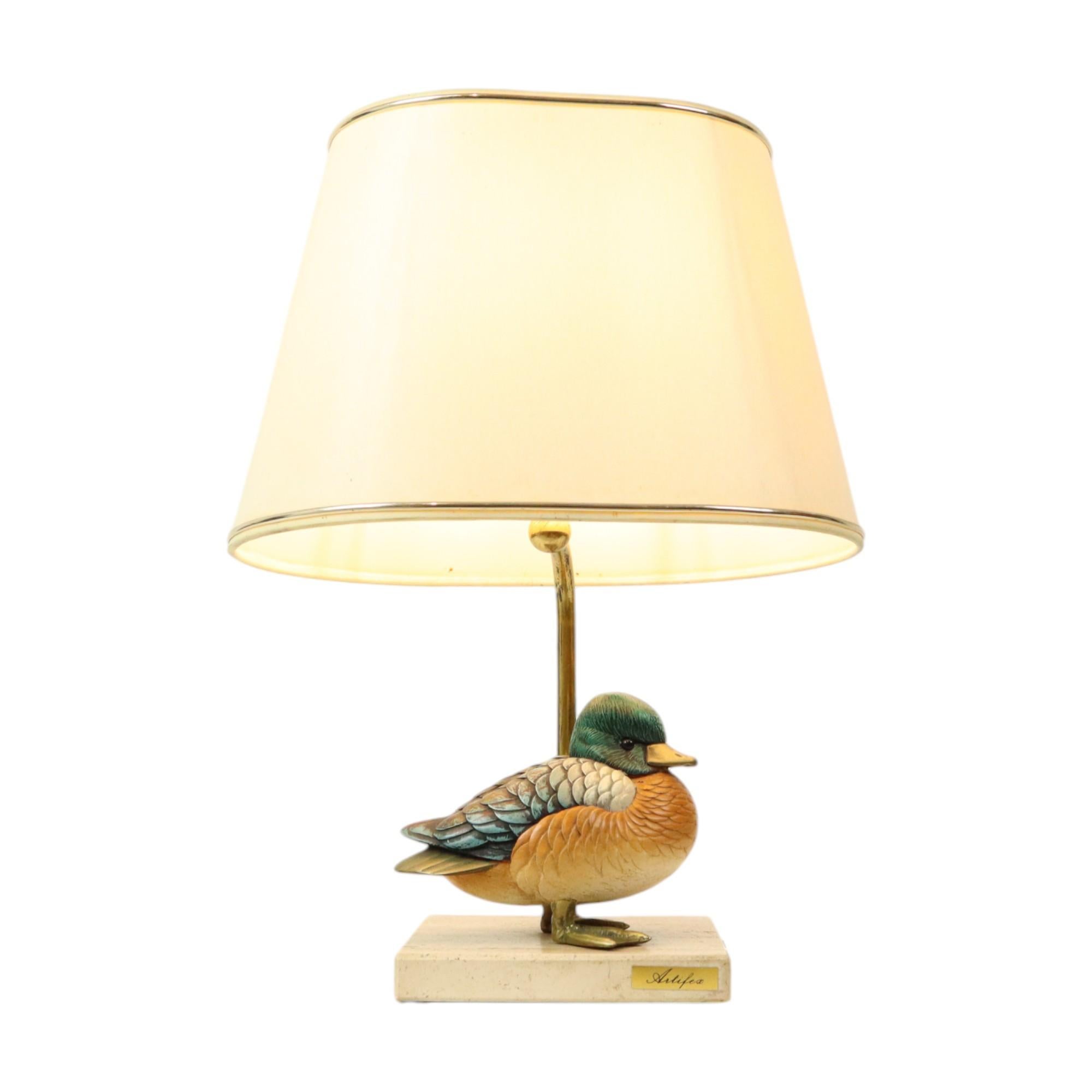 Hollywood Regency Artiflex Duck Lamp Design Brass Resin Travertine Malevolti For Sale