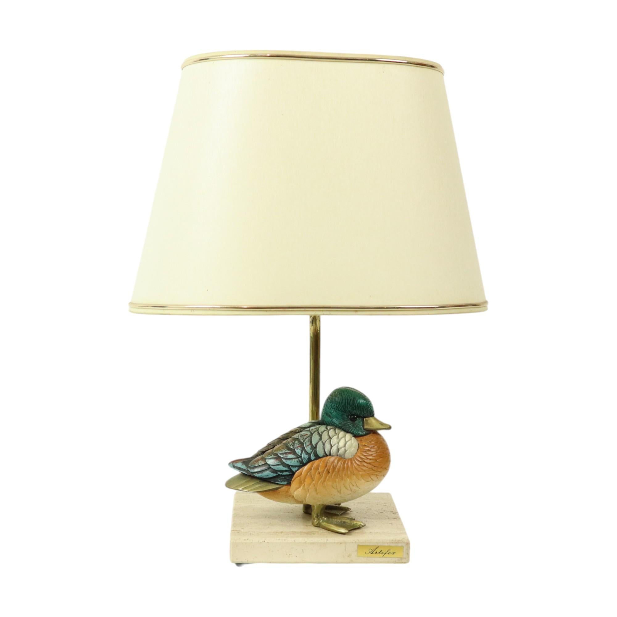 Italian Artiflex Duck Lamp Design Brass Resin Travertine Malevolti For Sale