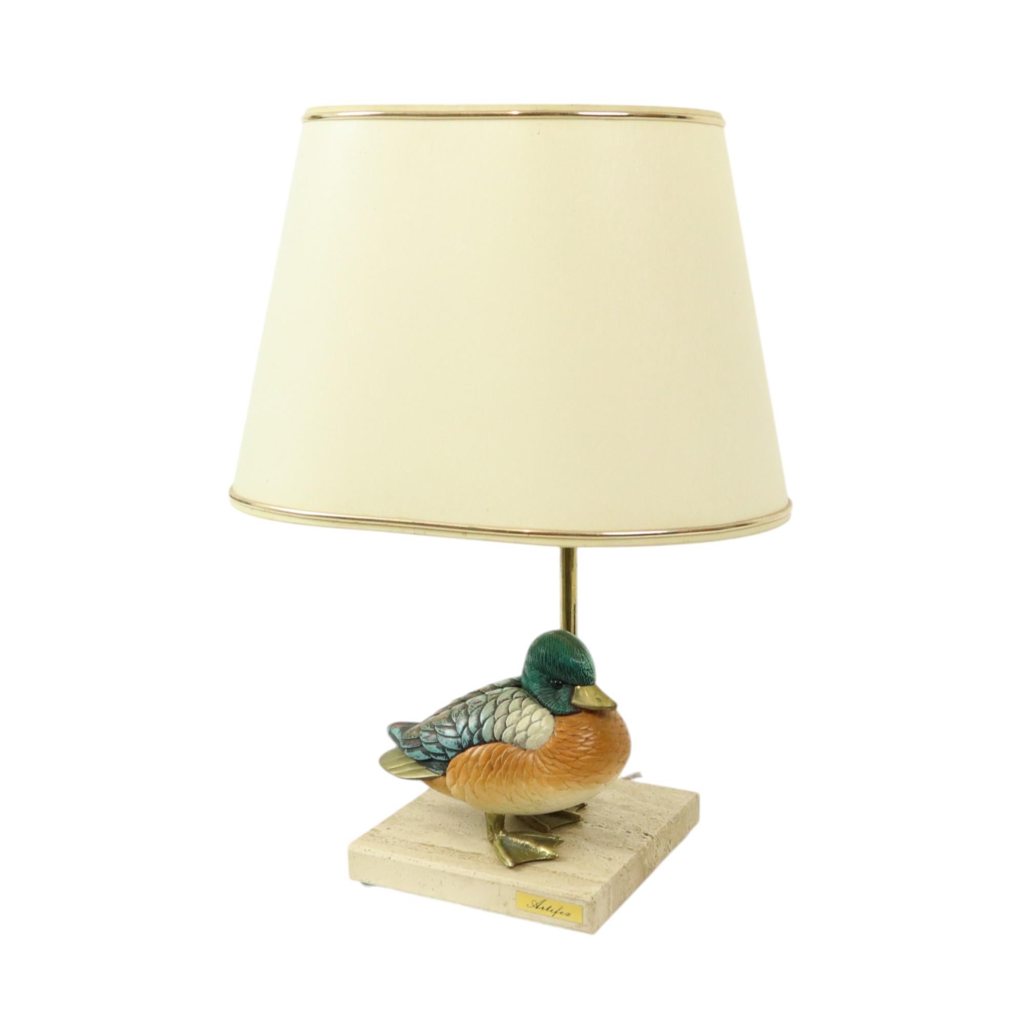 Late 20th Century Artiflex Duck Lamp Design Brass Resin Travertine Malevolti For Sale